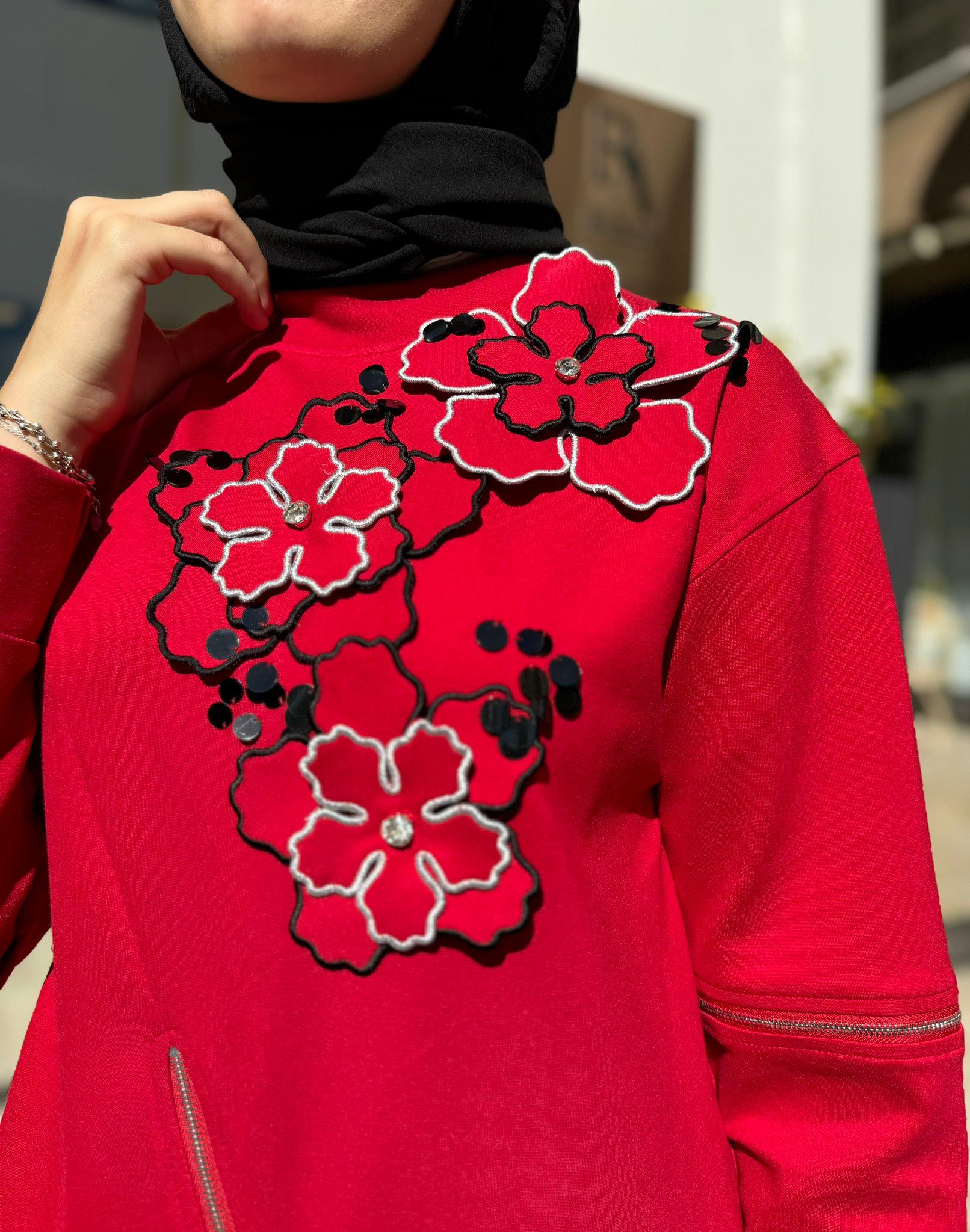 Çiçek Fermuar Detaylı Garde Kadın Sweat Kırmızı