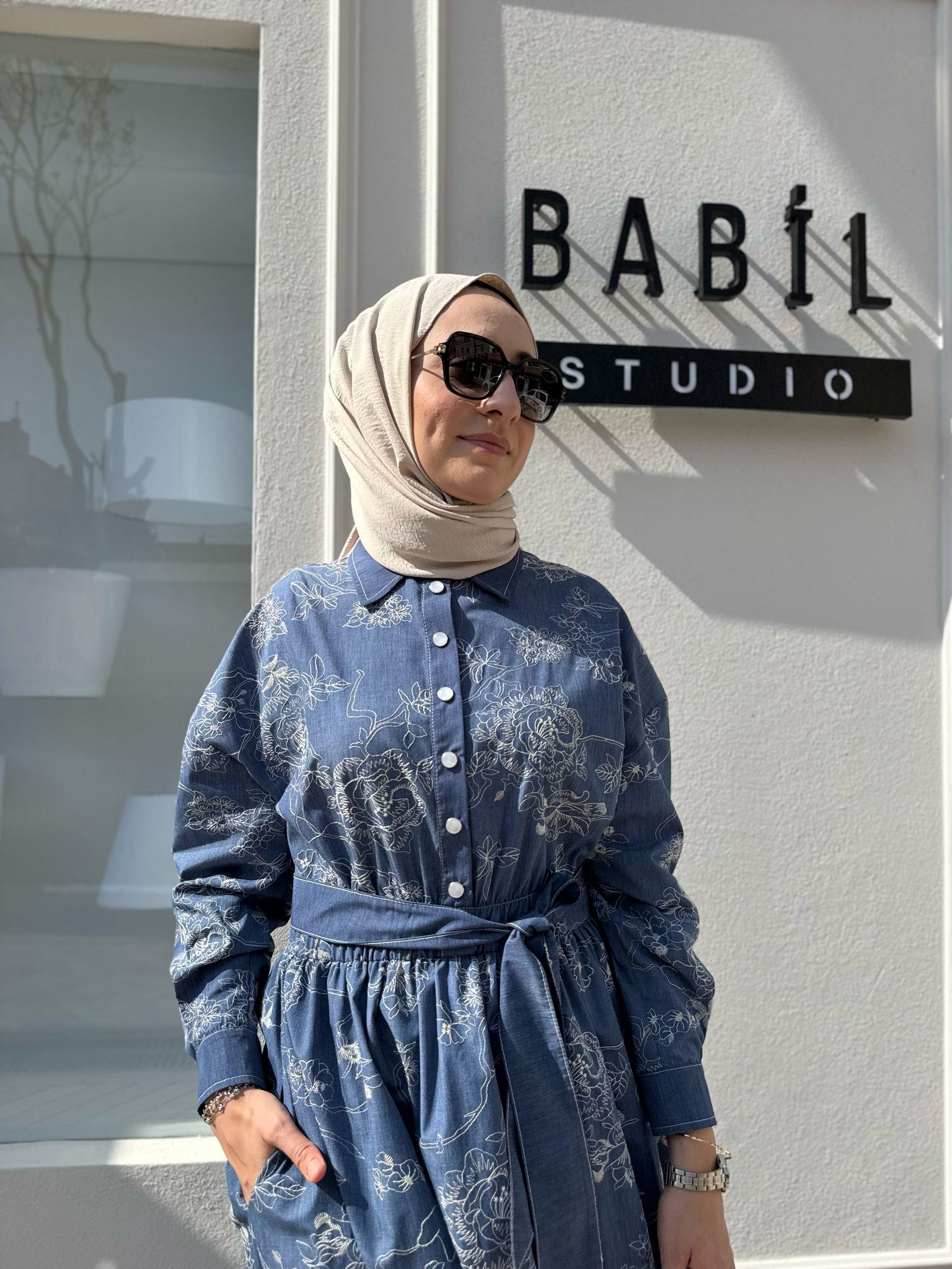 Çiçek İşleme Desenli Denim Kadın Elbise Indigo