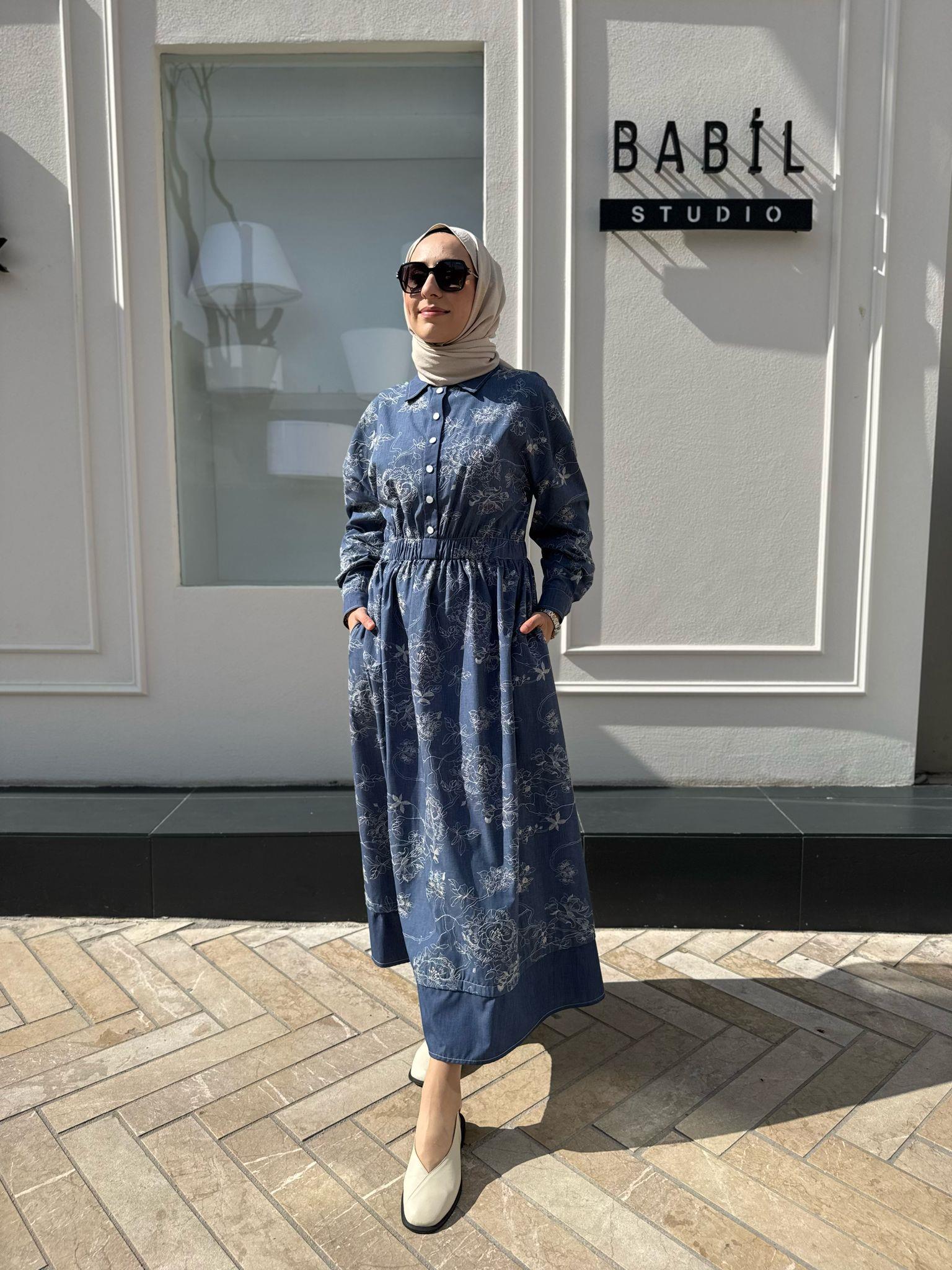 Çiçek İşleme Desenli Denim Kadın Elbise Indigo