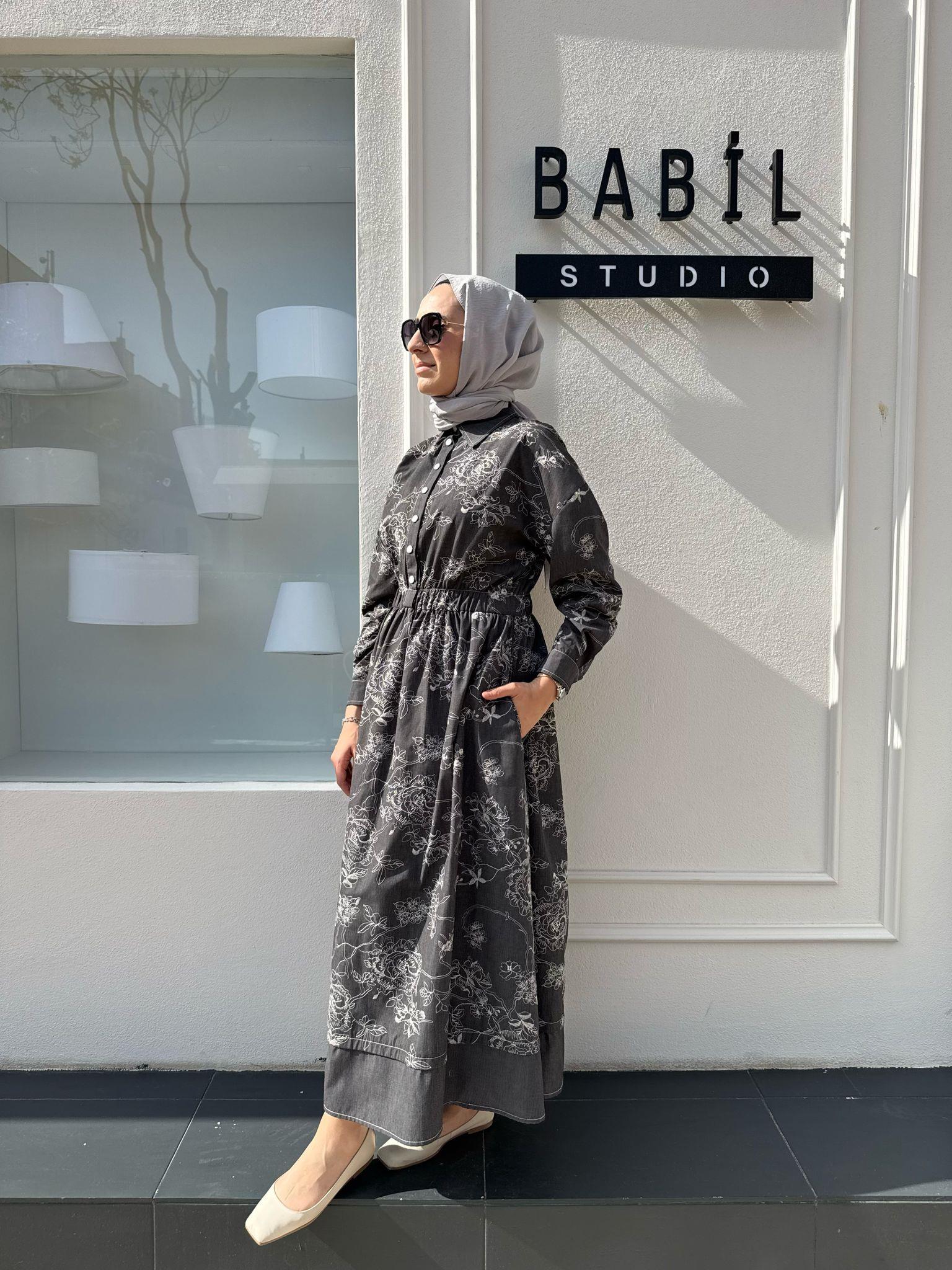 Çiçek İşleme Desenli Denim Kadın Elbise Siyah