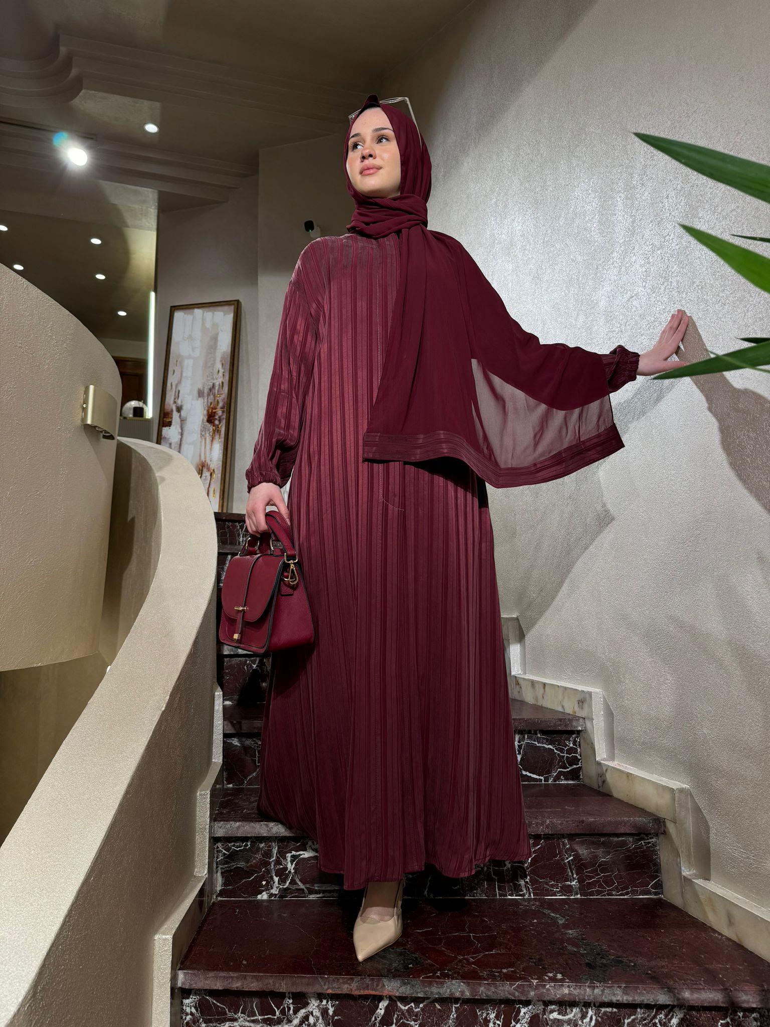 Çizgili Şal Detaylı İpek Kadın Ferace Mürdüm