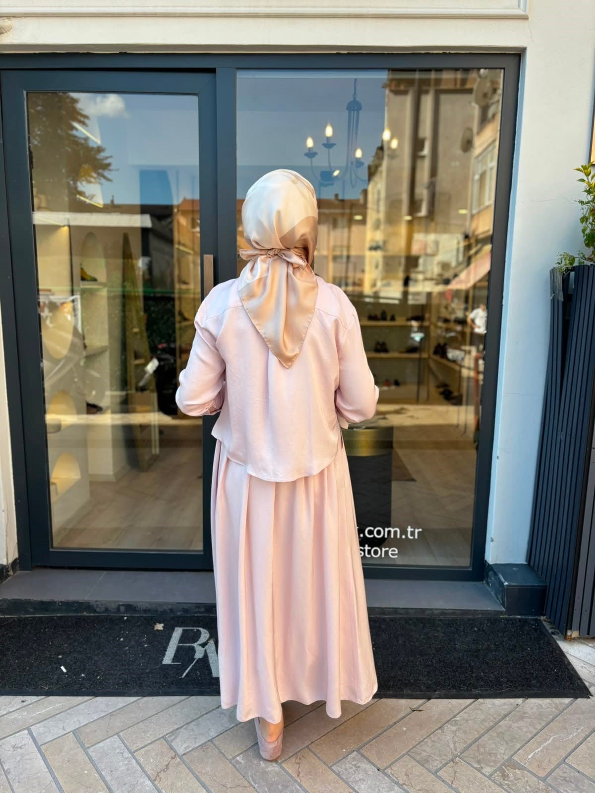 D51 Joy Asetat Lastikli Etekli Kadın Takım Pudra Pembe