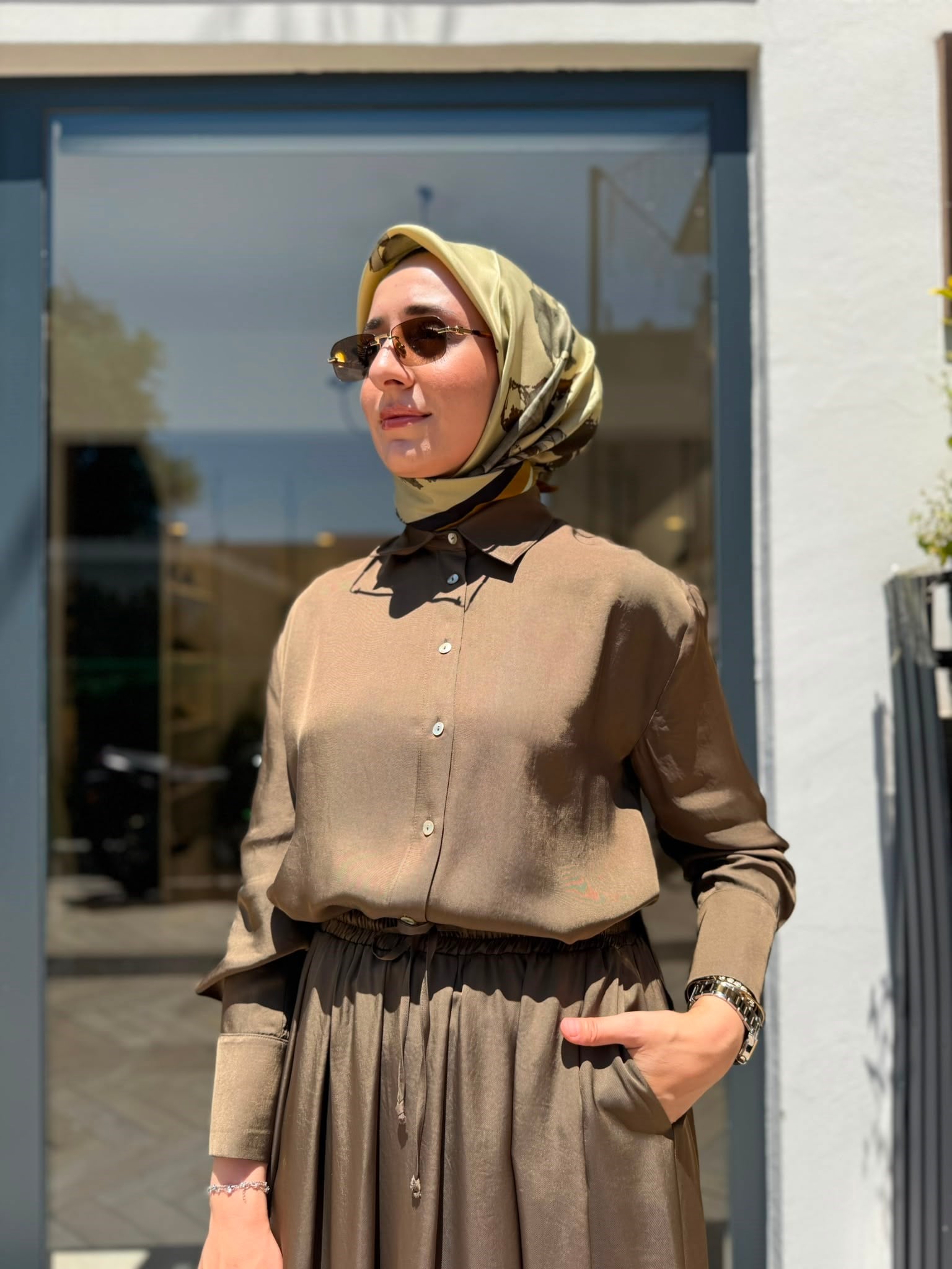 D51 Joy Asetat Lastikli Etekli Kadın Takım Haki Yeşil