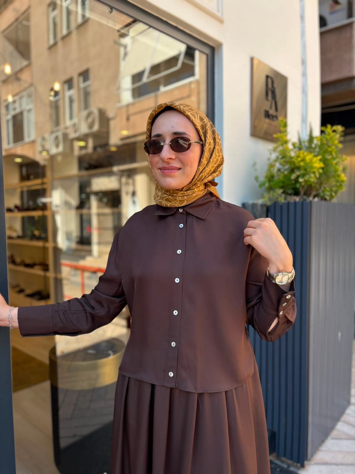 D51 Joy Asetat Lastikli Etekli Kadın Takım Kahve