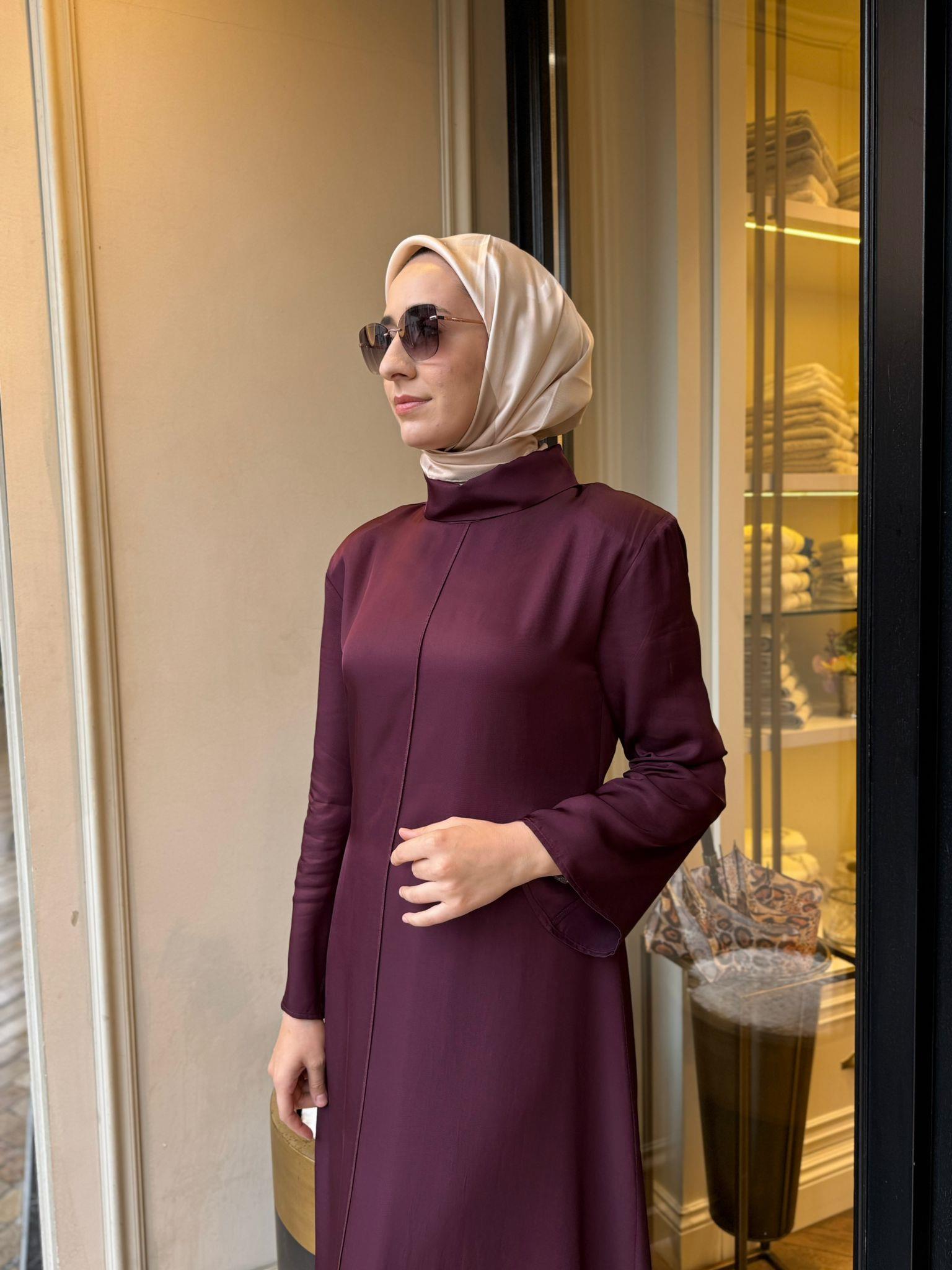 D52 Lima Asetat Korsaj Detay Kadın Elbise Bordo