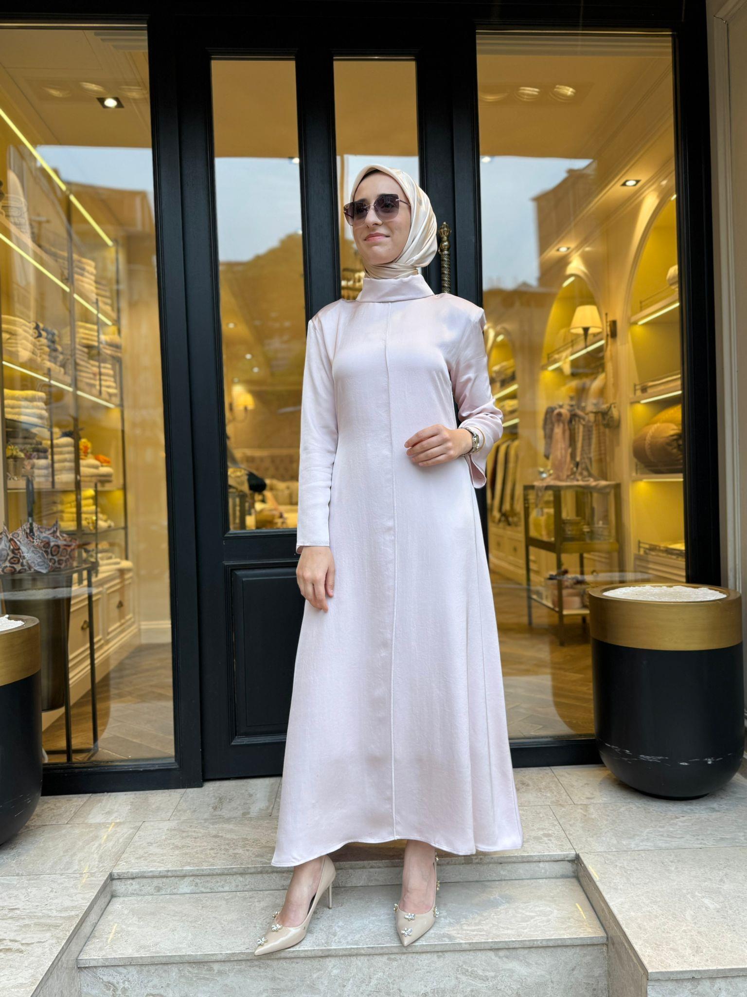 D52 Lima Asetat Korsaj Detay Kadın Elbise Pudra Pembe