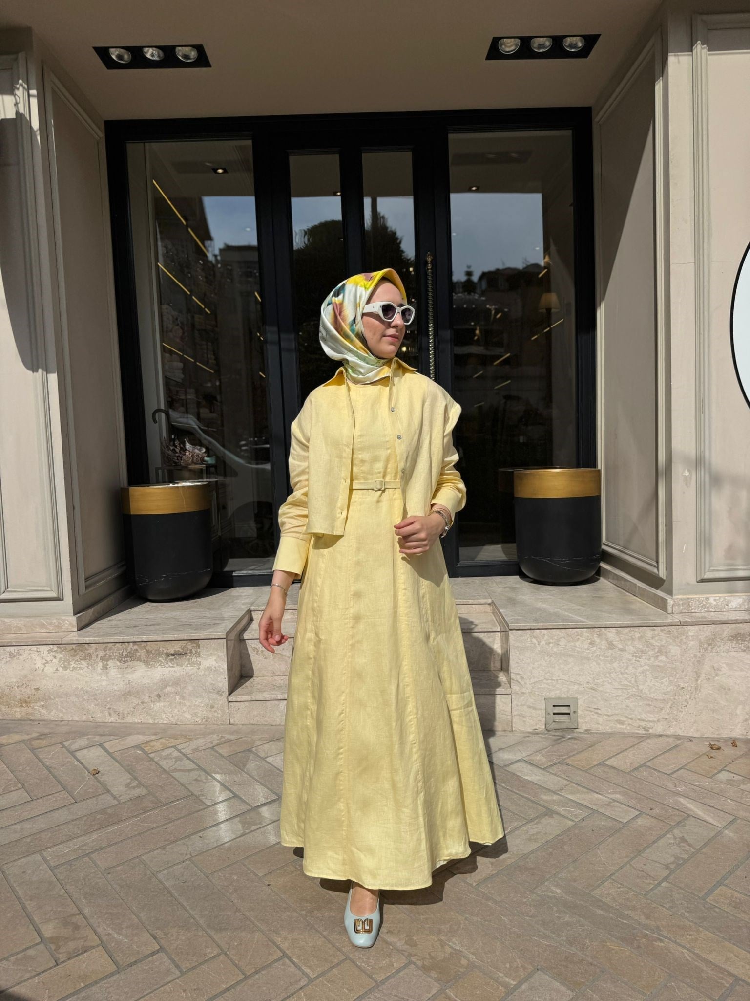 D54 Amanda Keten Kolsuz Elbise Gömlek Takım Sarı