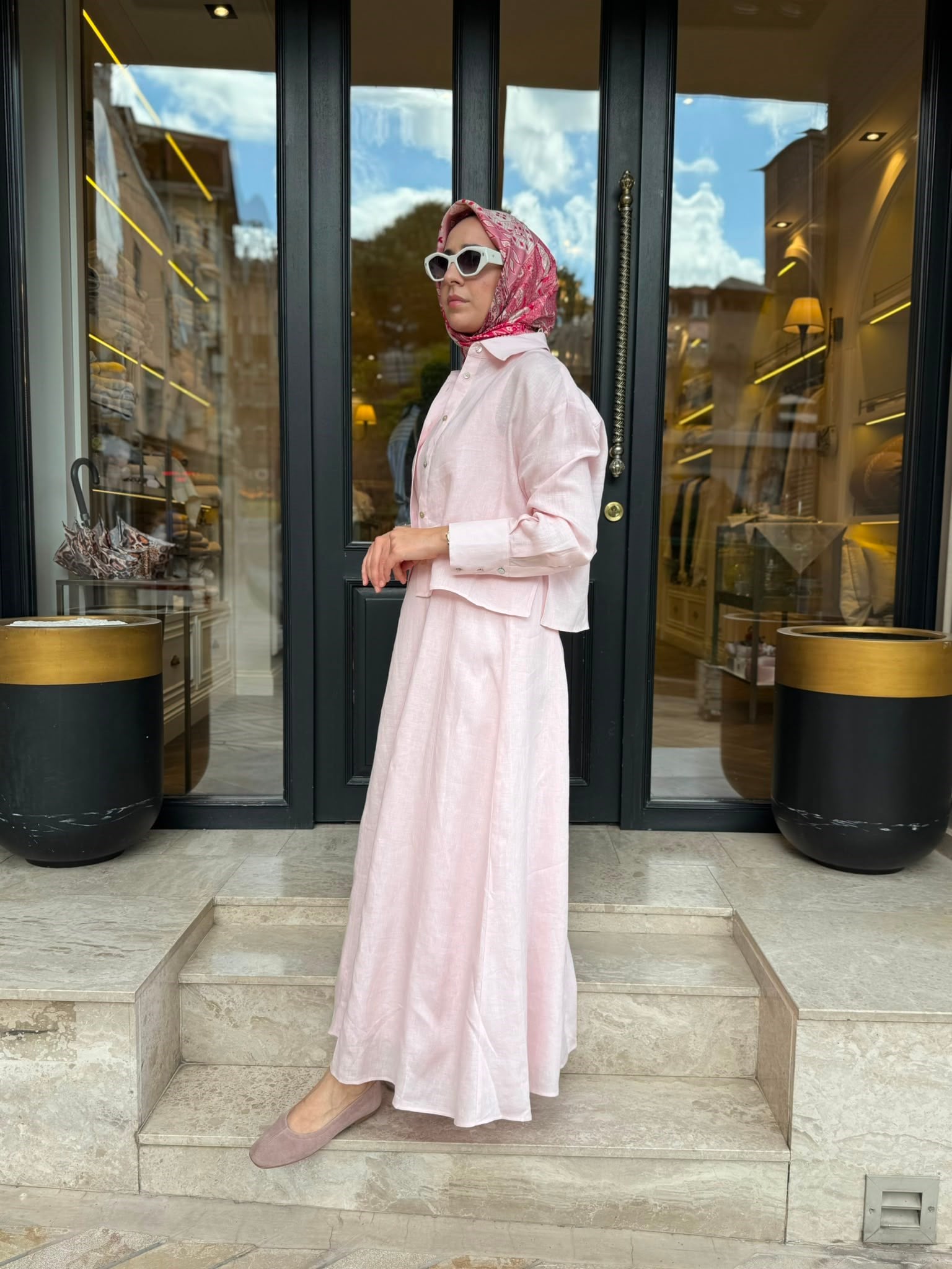 D54 Amanda Keten Kolsuz Elbise Gömlek Takım Pudra Pembe