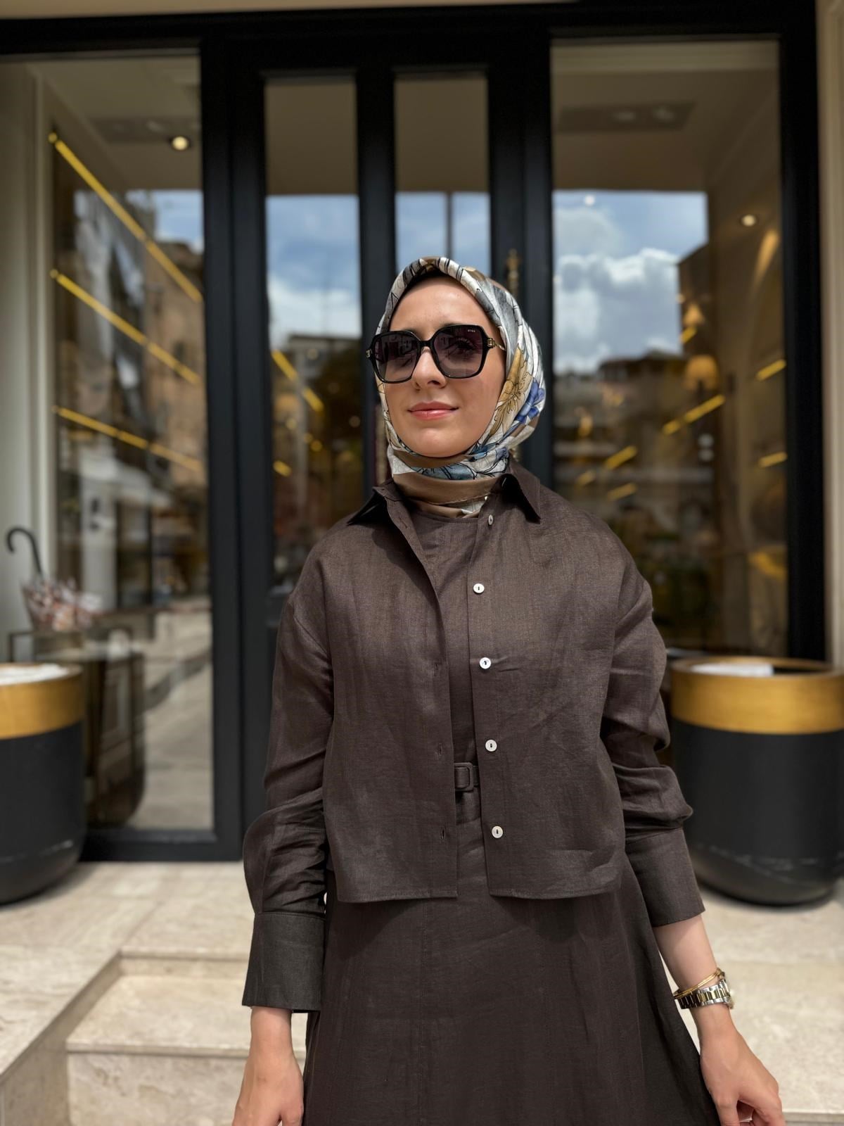D54 Amanda Keten Kolsuz Elbise Gömlek Takım Kahve