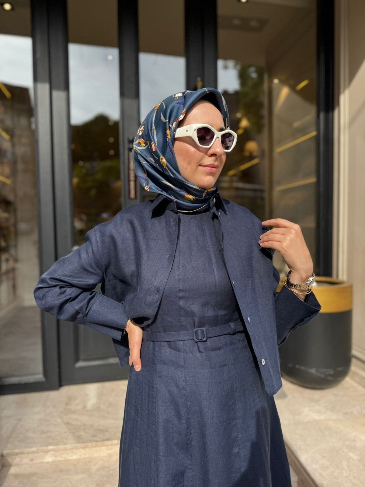 D54 Amanda Keten Kolsuz Elbise Gömlek Takım Lacivert