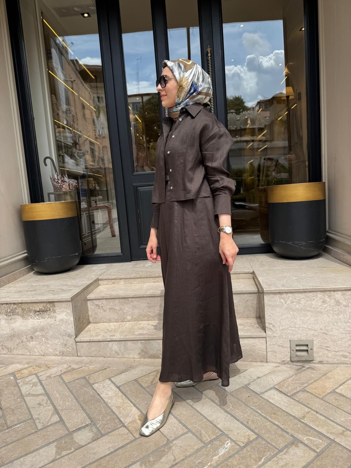 D54 Amanda Keten Kolsuz Elbise Gömlek Takım Kahve