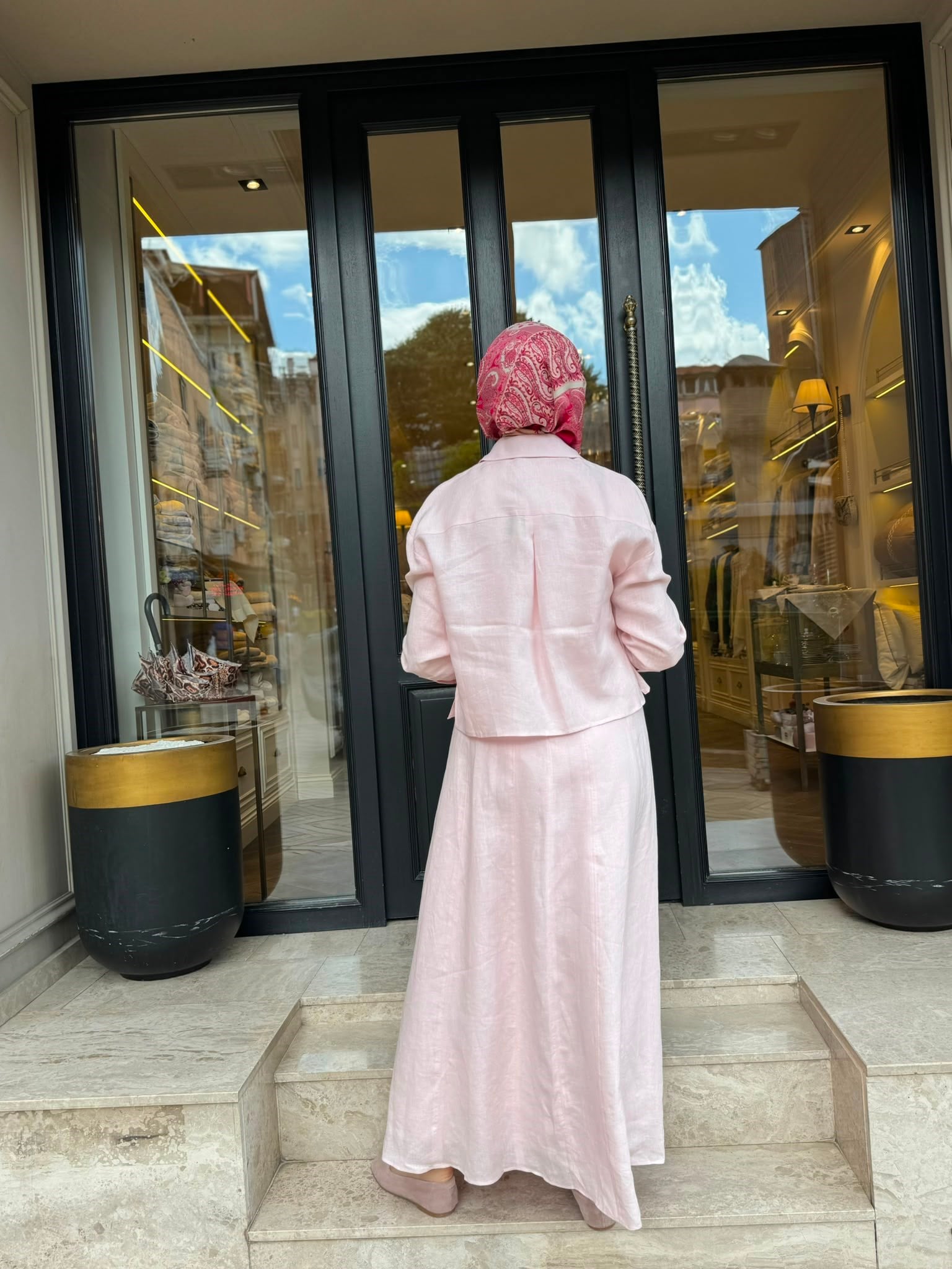 D54 Amanda Keten Kolsuz Elbise Gömlek Takım Pudra Pembe