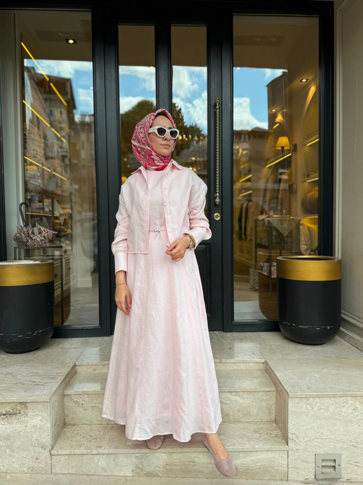 D54 Amanda Keten Kolsuz Elbise Gömlek Takım Pudra Pembe