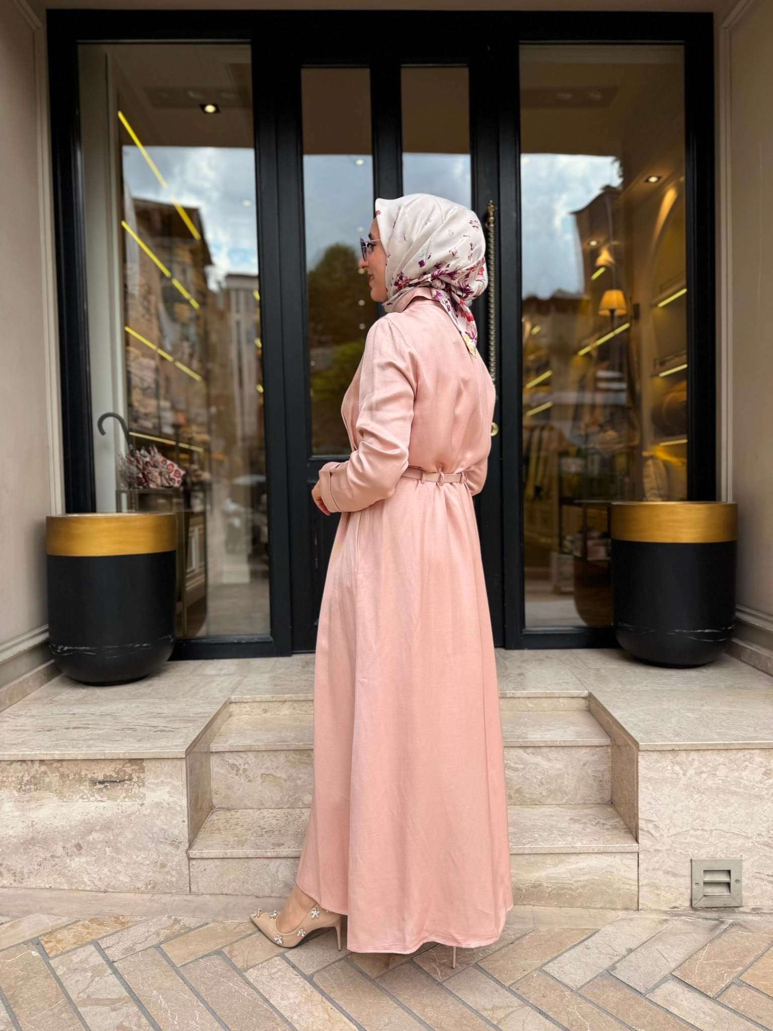 D81 Rachel Lyocell Keten Kadın Gömlek Elbise Pudra Pembe