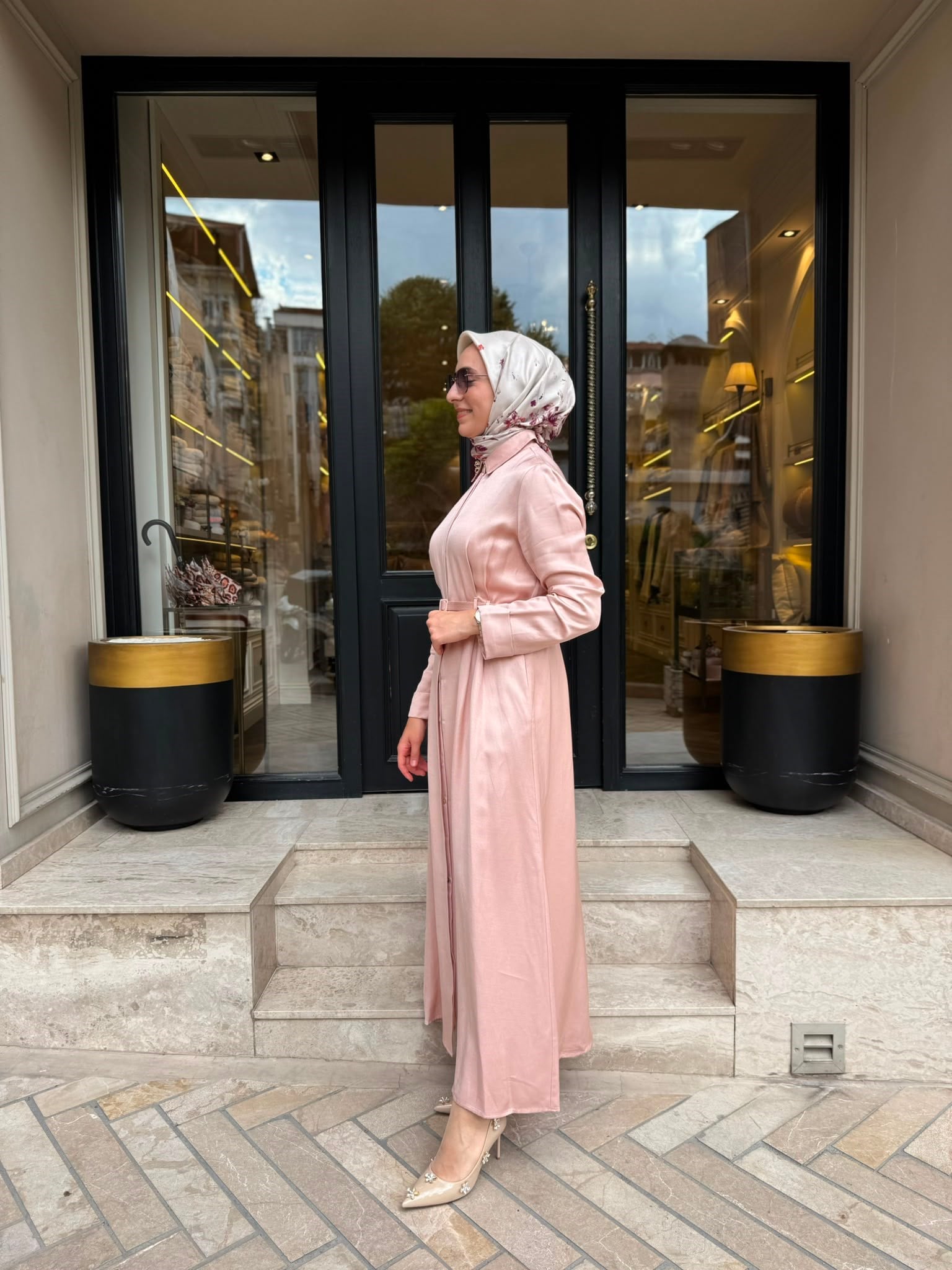 D81 Rachel Lyocell Keten Kadın Gömlek Elbise Pudra Pembe