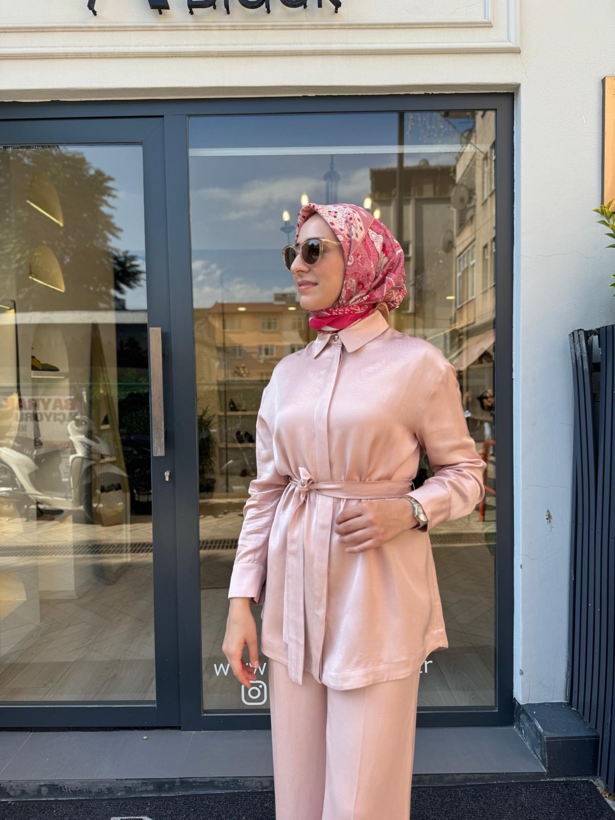 D87 Velar Lyocell Keten Pantolonlu Kadın Takım Pudra Pembe