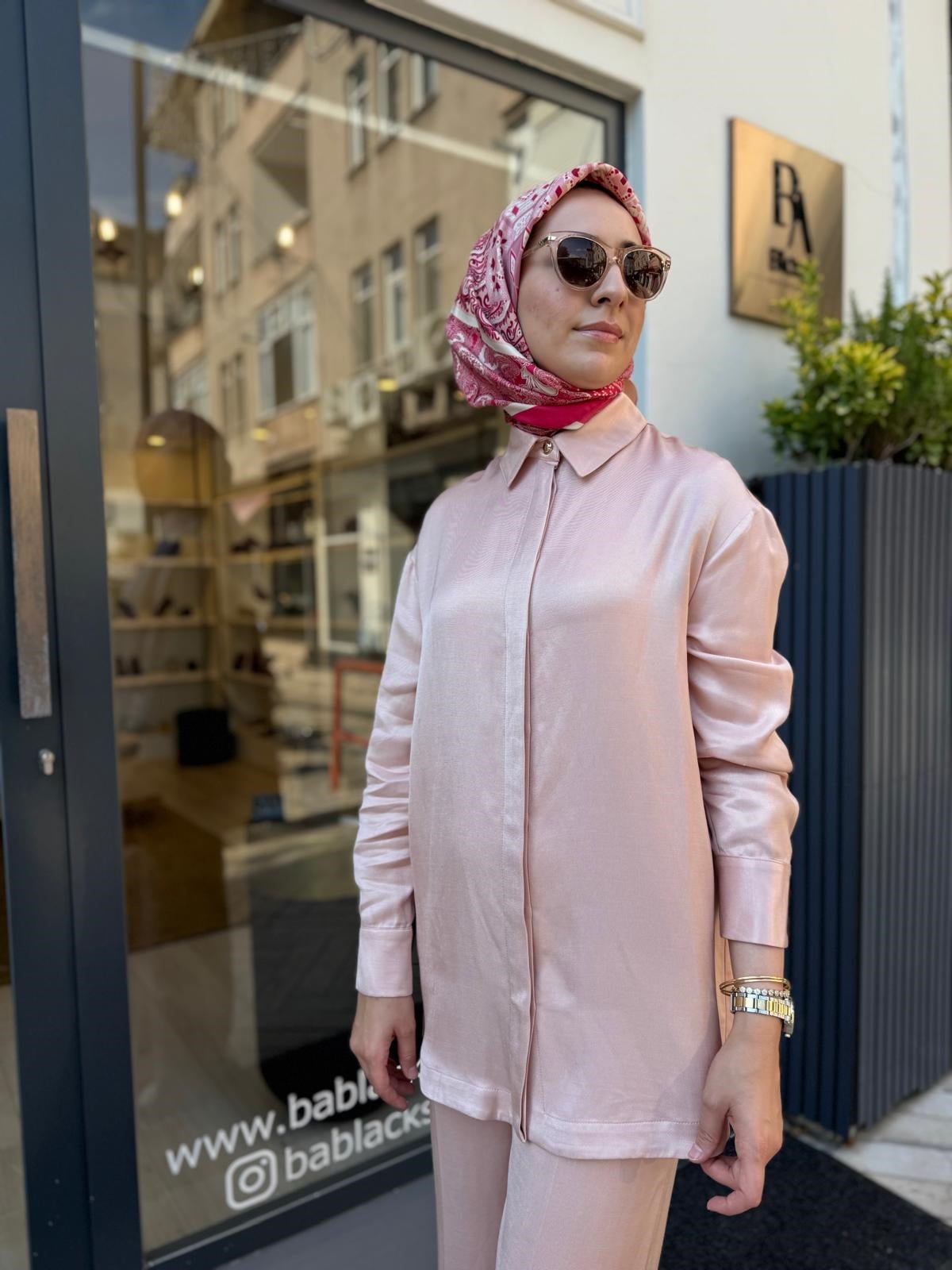D87 Velar Lyocell Keten Pantolonlu Kadın Takım Pudra Pembe