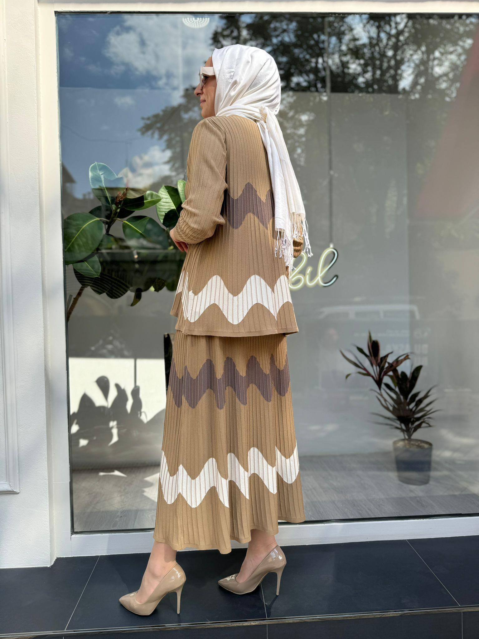 Dalga Desen Fitilli Triko Tunik Camel
