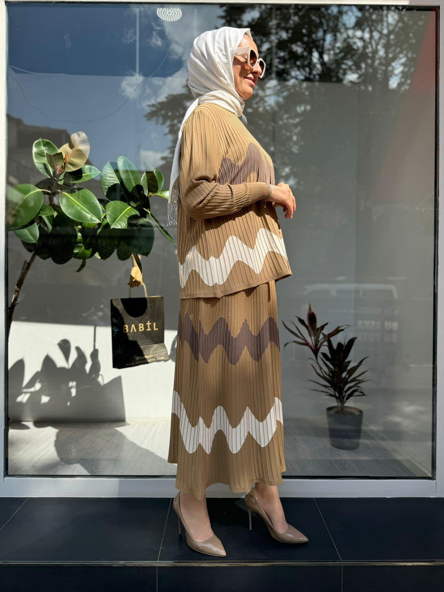 Dalga Desen Fitilli Triko Tunik Camel