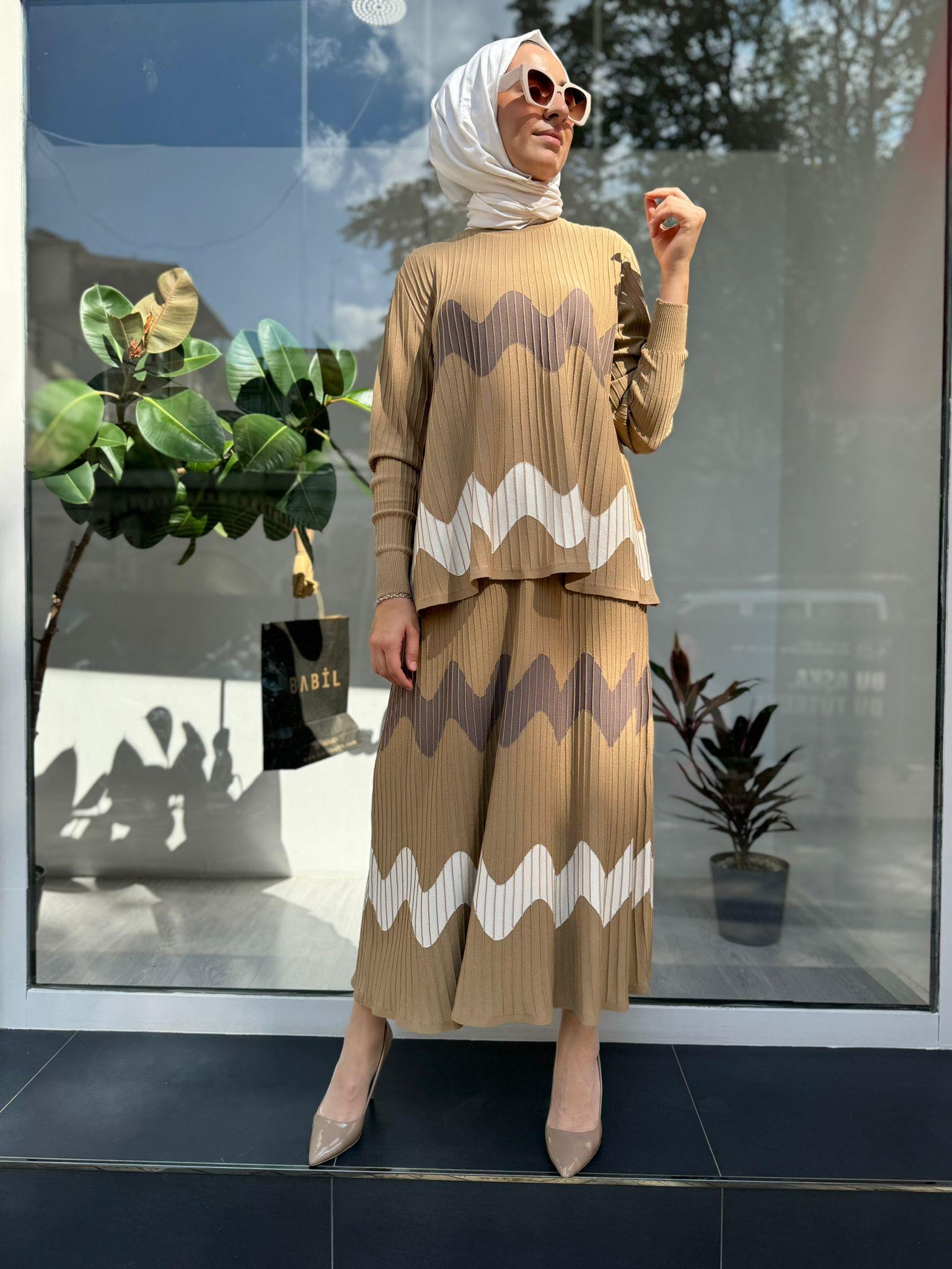 Dalga Desen Fitilli Triko Tunik Camel