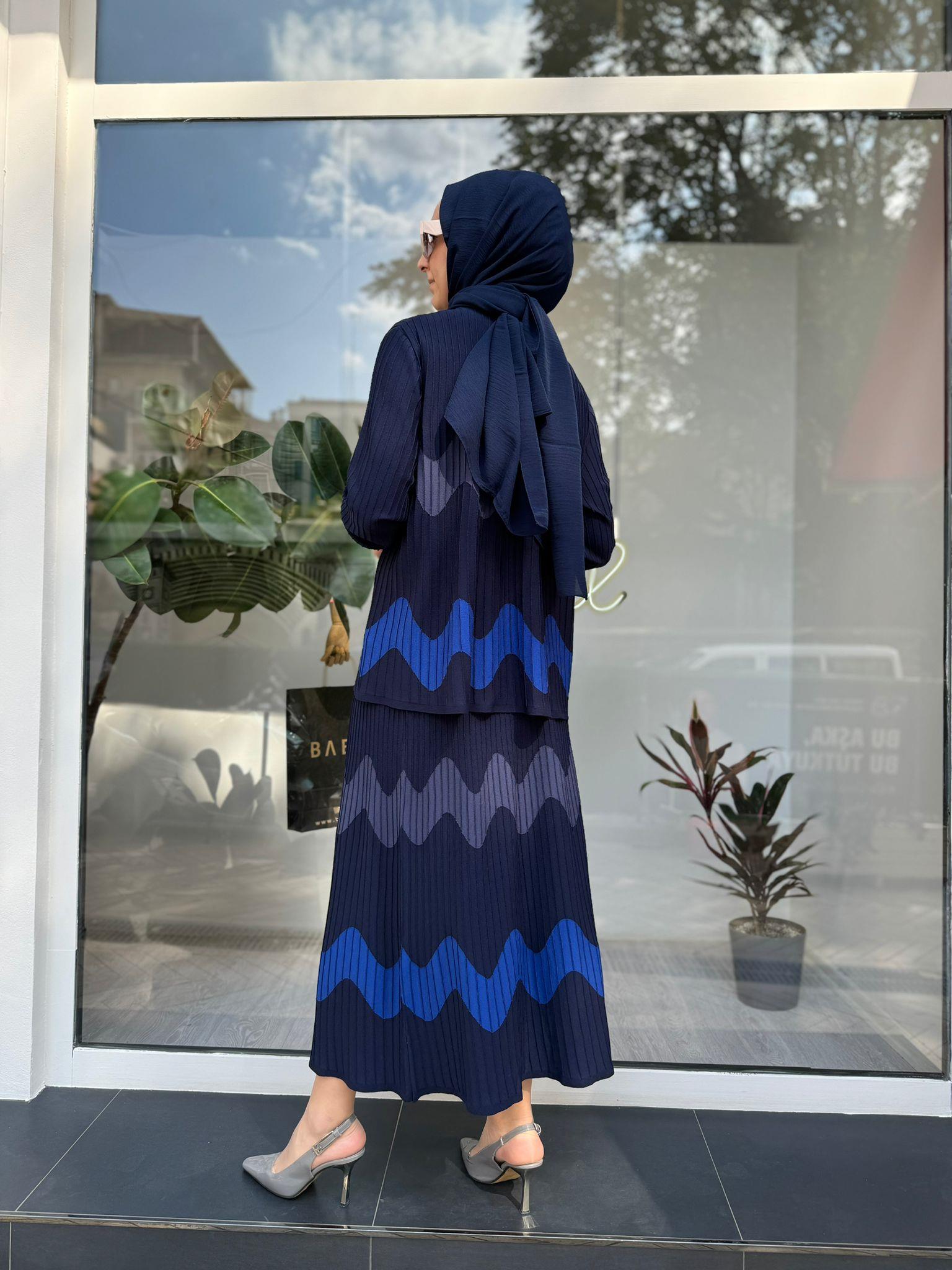 Dalga Desen Fitilli Triko Tunik Lacivert