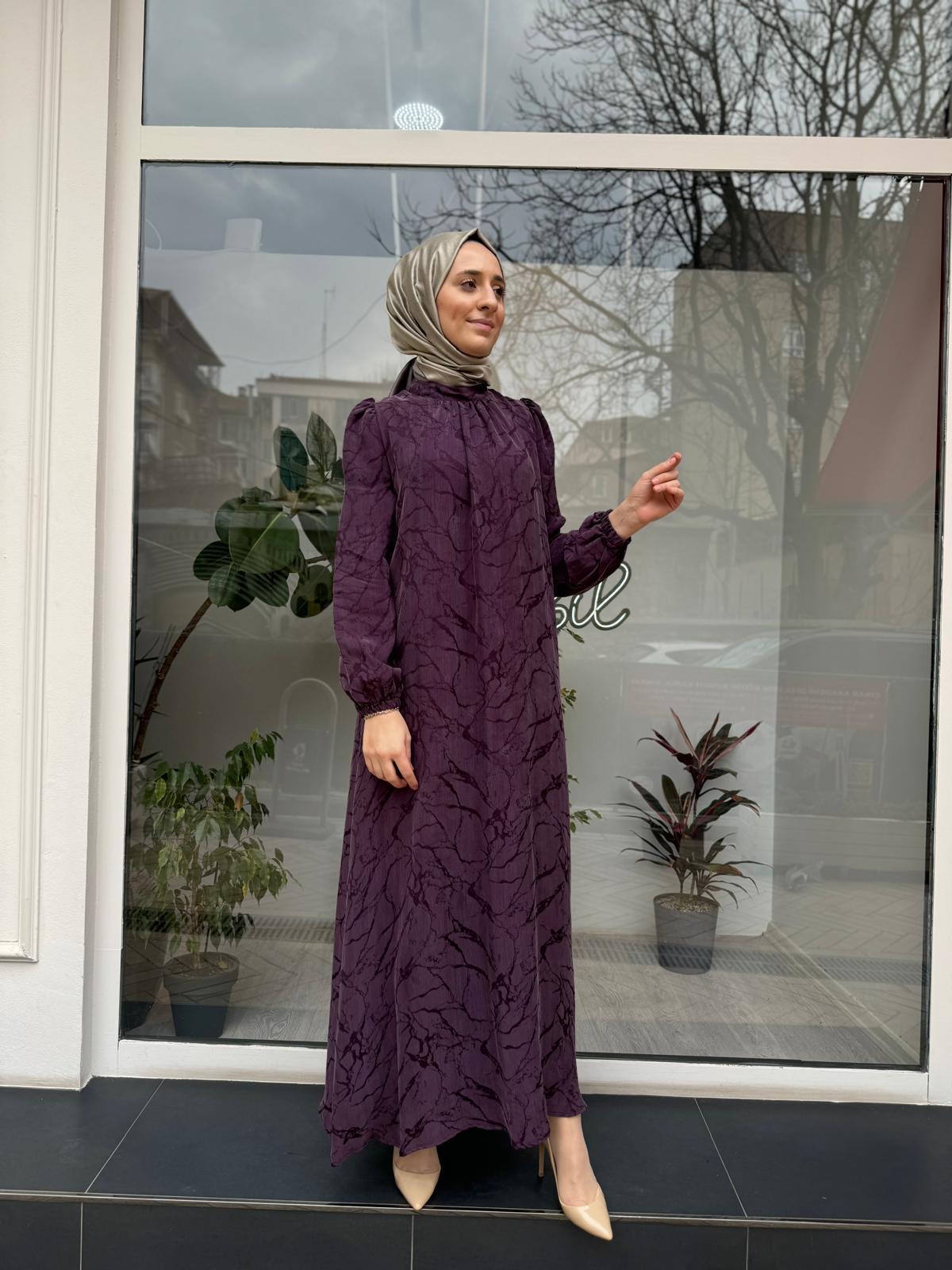 Dalga Desenli Kadın Elbise Mor