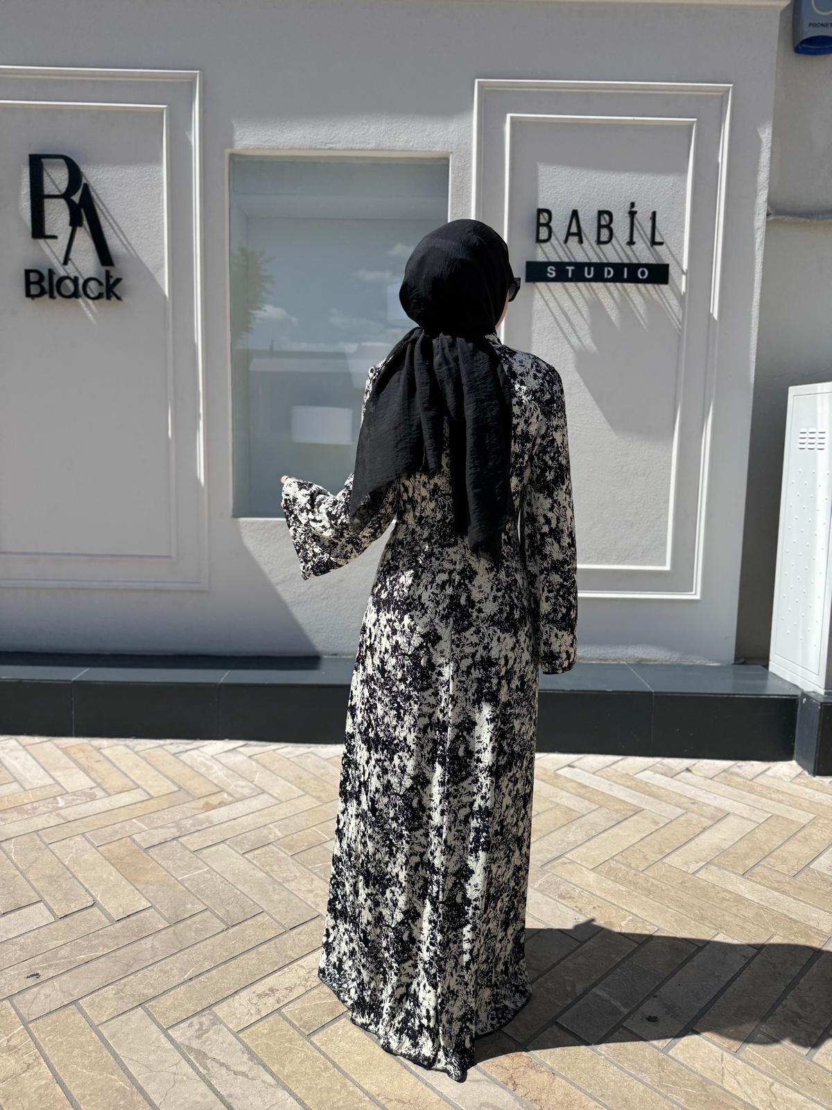 Desenli Beli Büzgülü Kadın Elbise Siyah