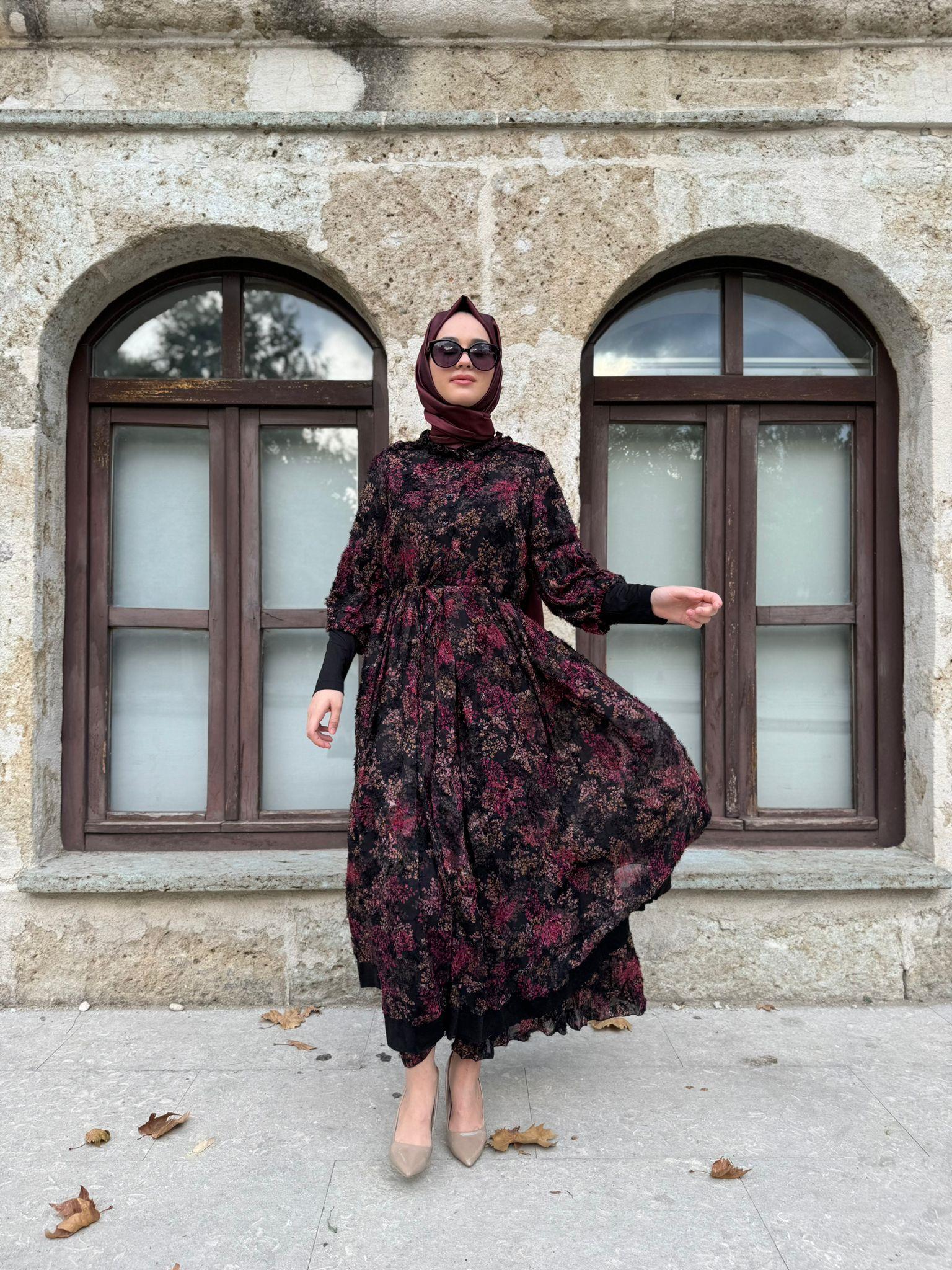 Desenli Şifon İkili Tasarım Kadın Elbise Siyah