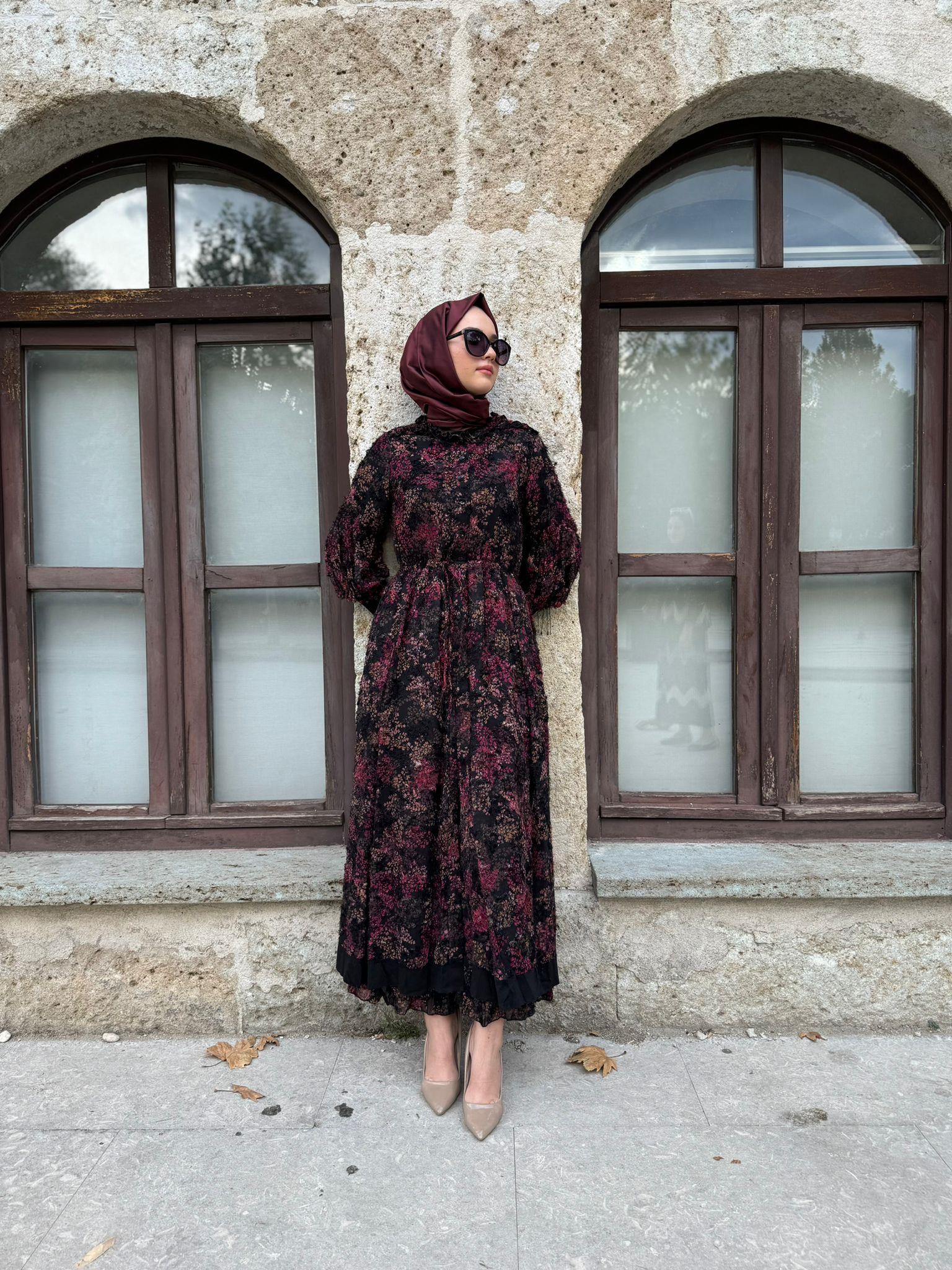 Desenli Şifon İkili Tasarım Kadın Elbise Siyah