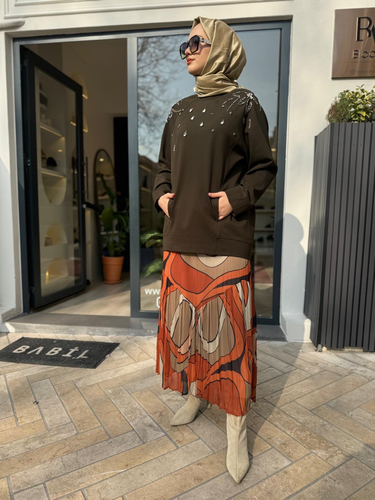 Desenli Şifon Kadın Etek Turuncu