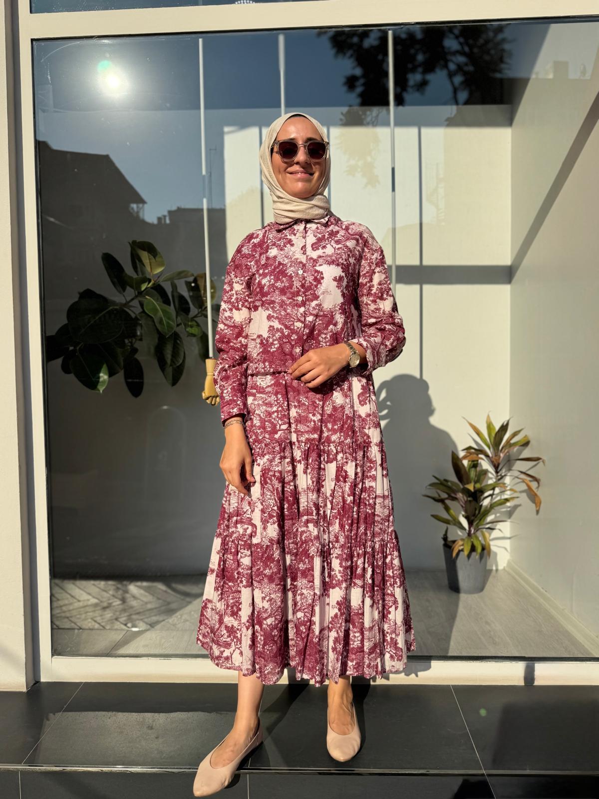 Desenli Vual Etekli Kadın Takım Bordo