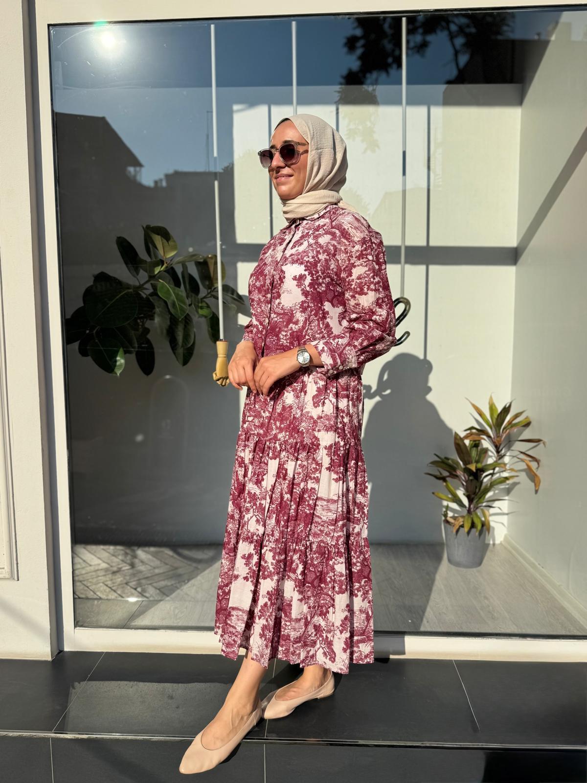 Desenli Vual Etekli Kadın Takım Bordo