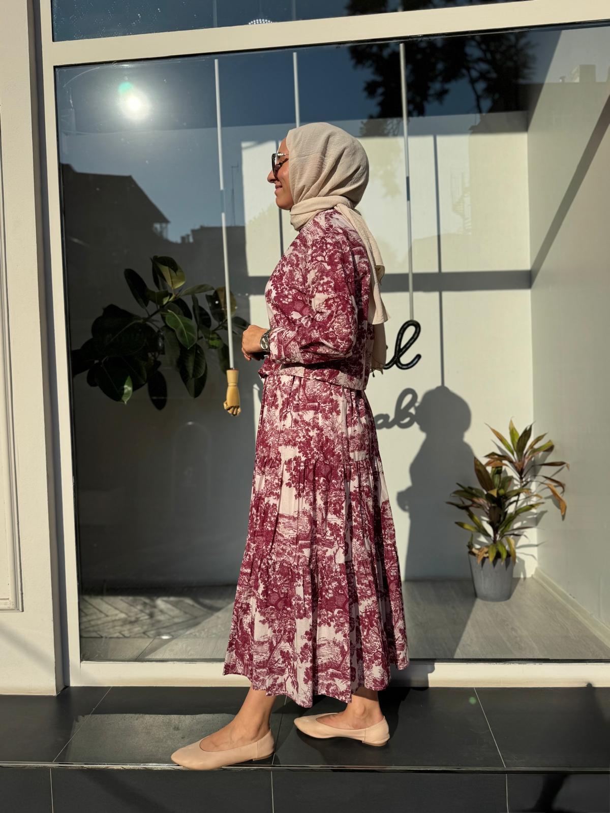 Desenli Vual Etekli Kadın Takım Bordo