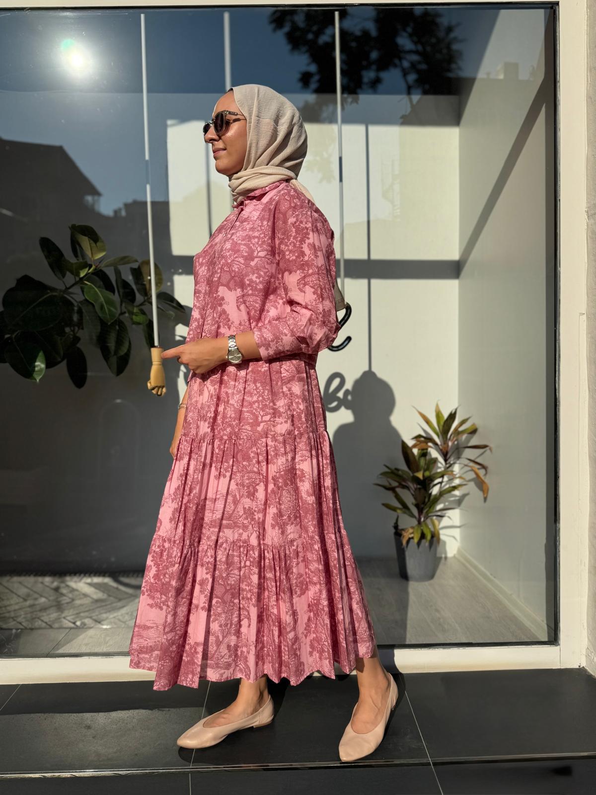 Desenli Vual Etekli Kadın Takım Pembe