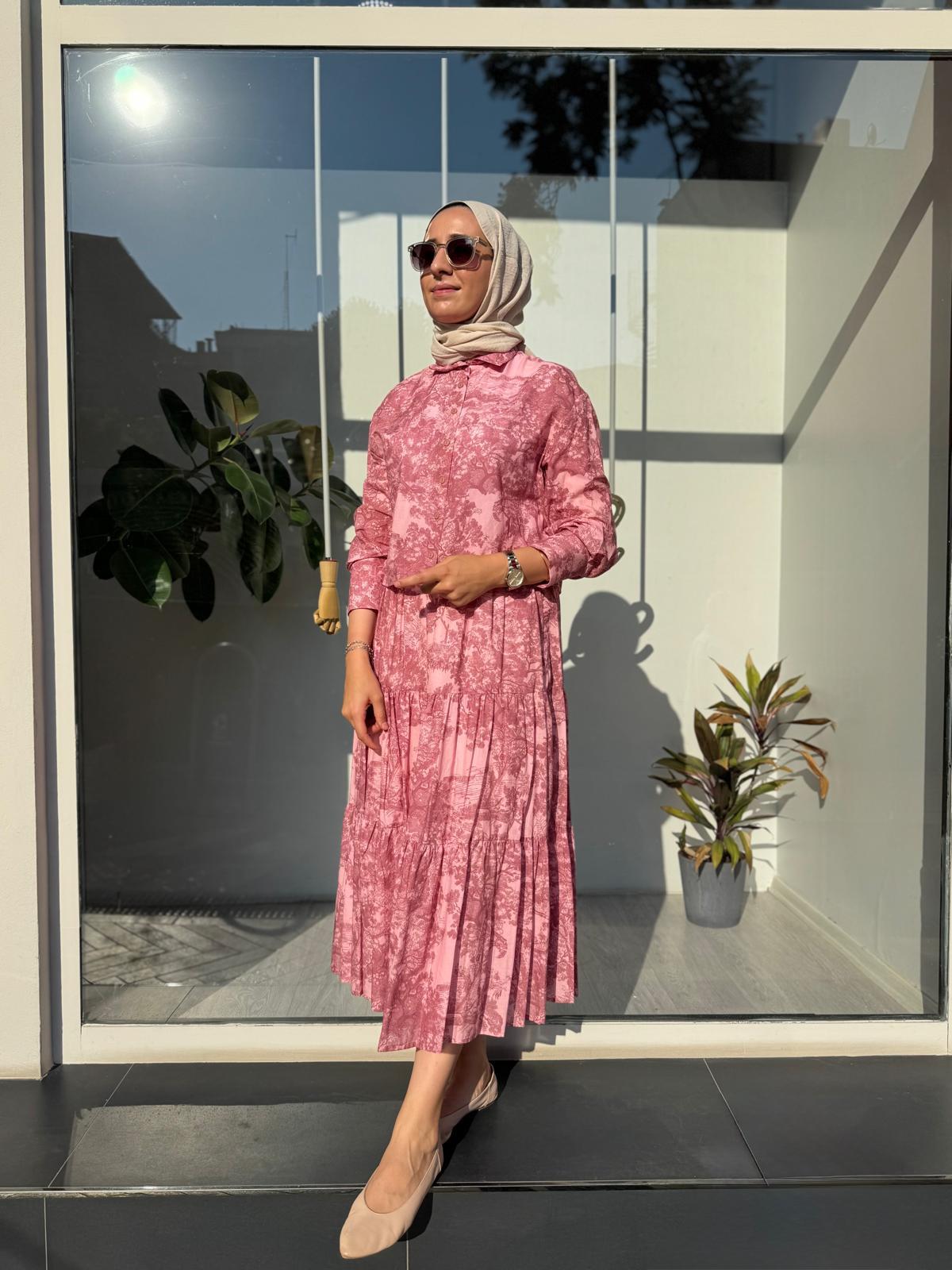 Desenli Vual Etekli Kadın Takım Pembe