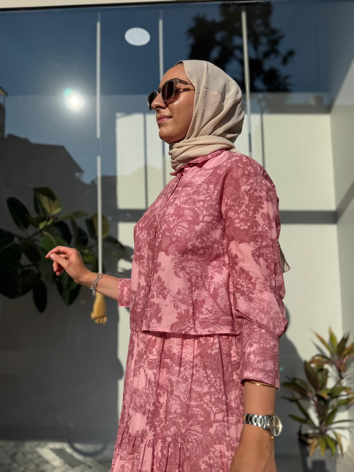 Desenli Vual Etekli Kadın Takım Pembe