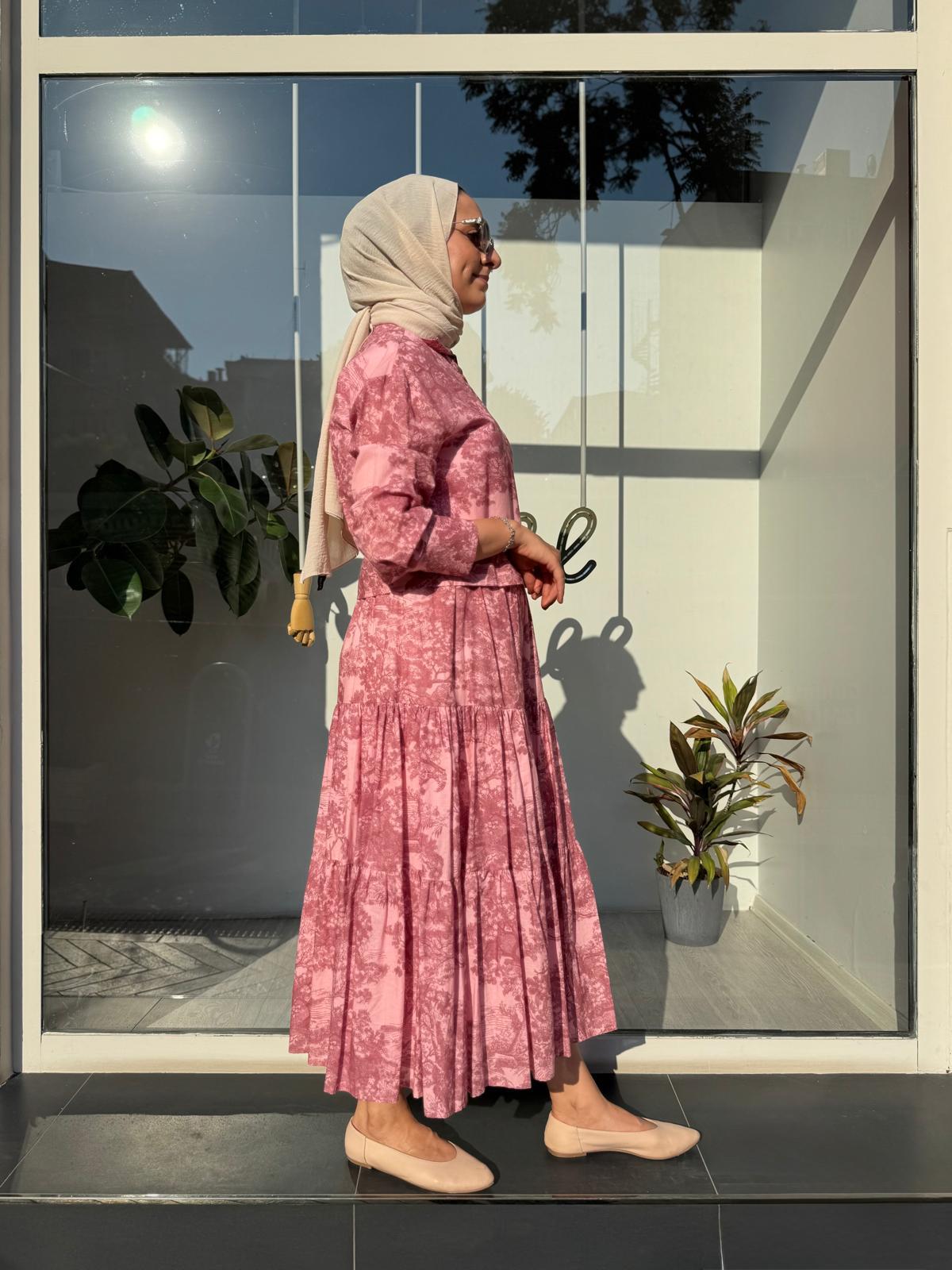 Desenli Vual Etekli Kadın Takım Pembe