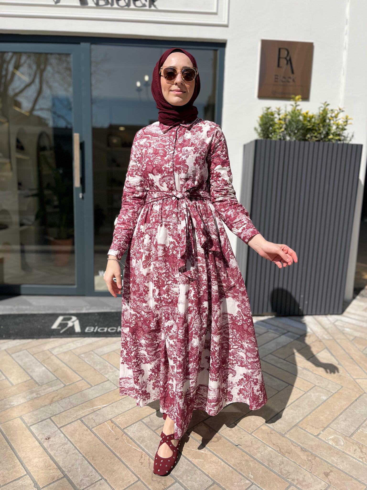 Desenli Vual Kadın Elbise Bordo