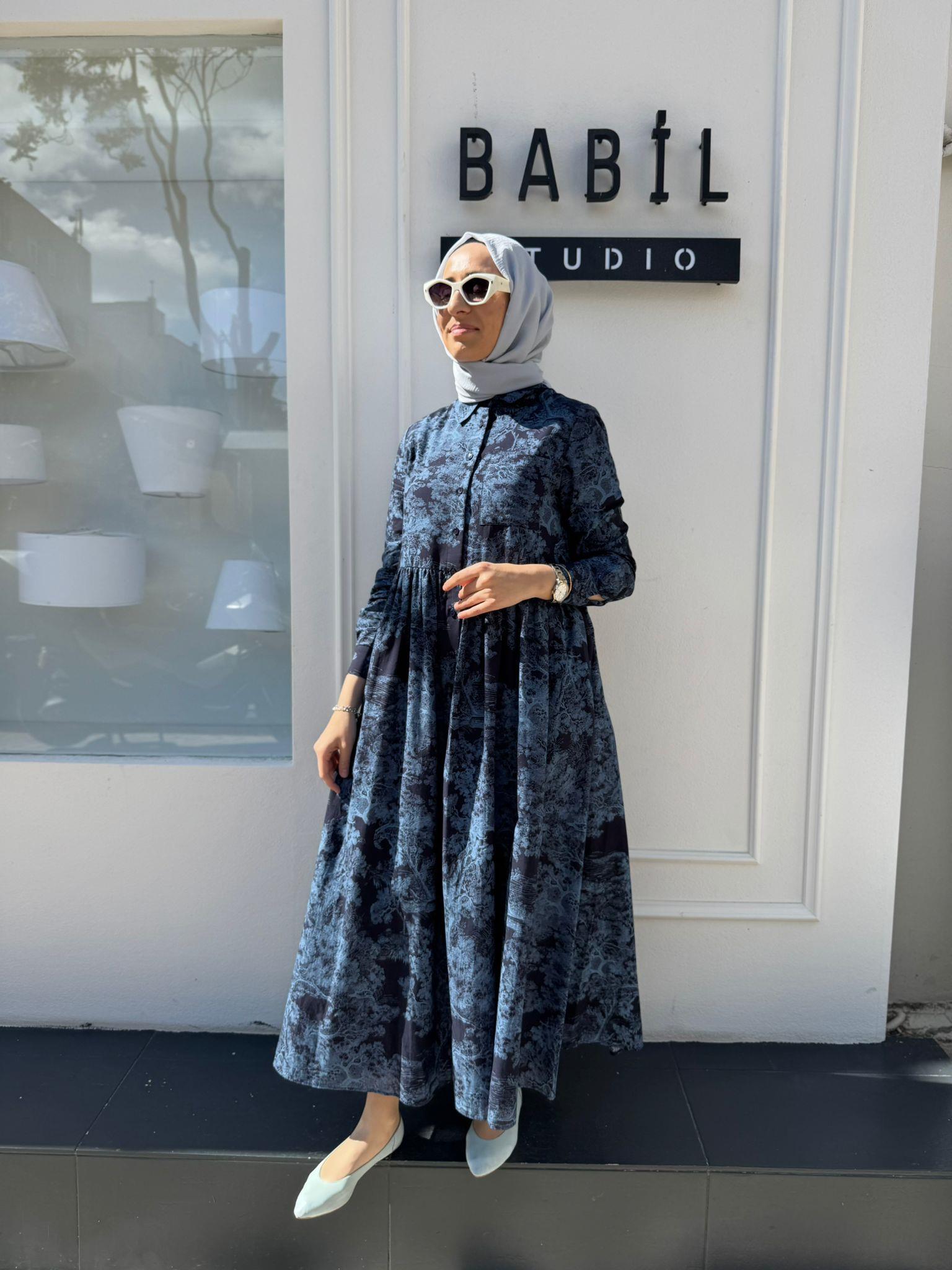 Desenli Vual Kadın Elbise İndigo