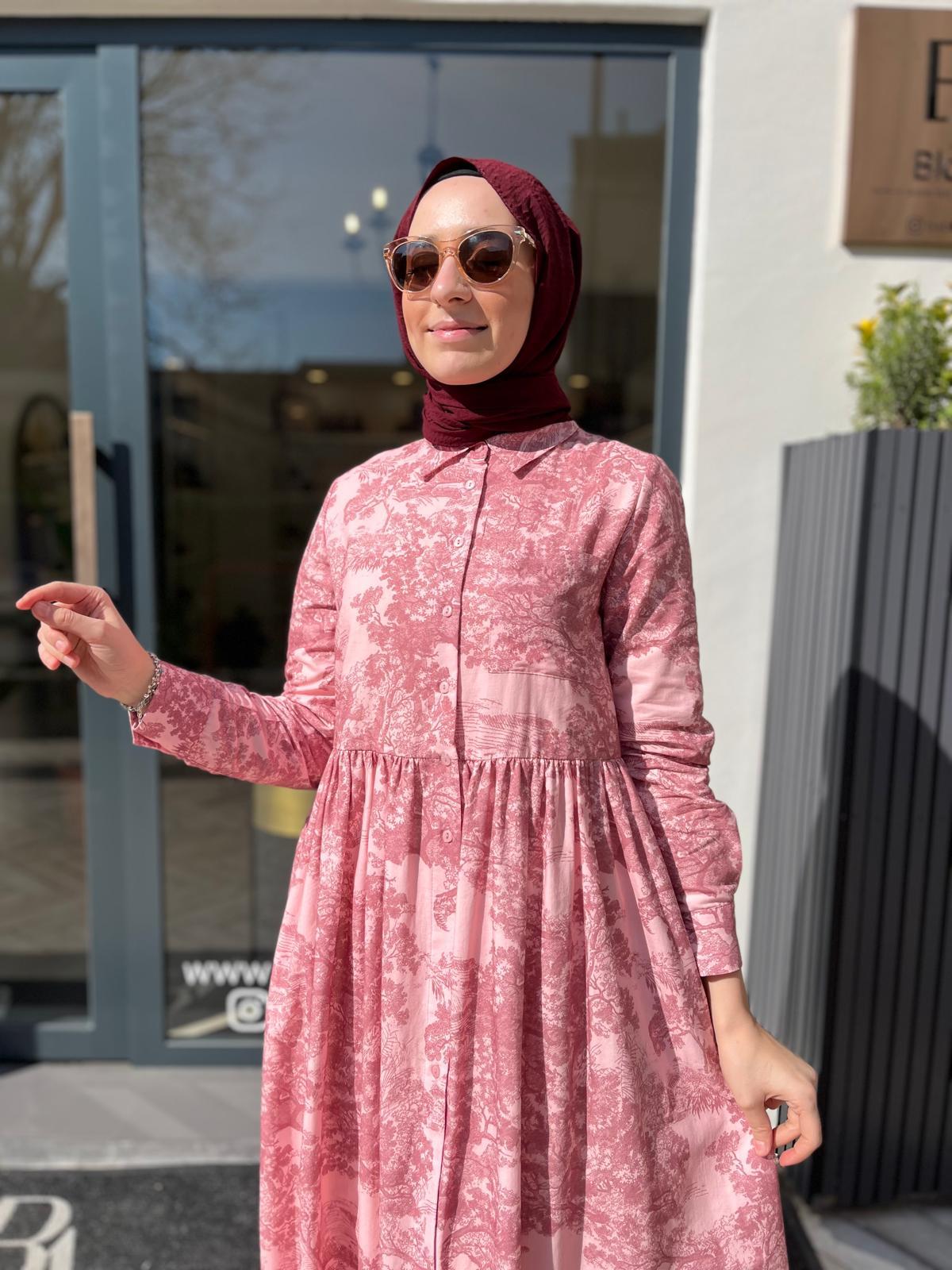 Desenli Vual Kadın Elbise Pembe