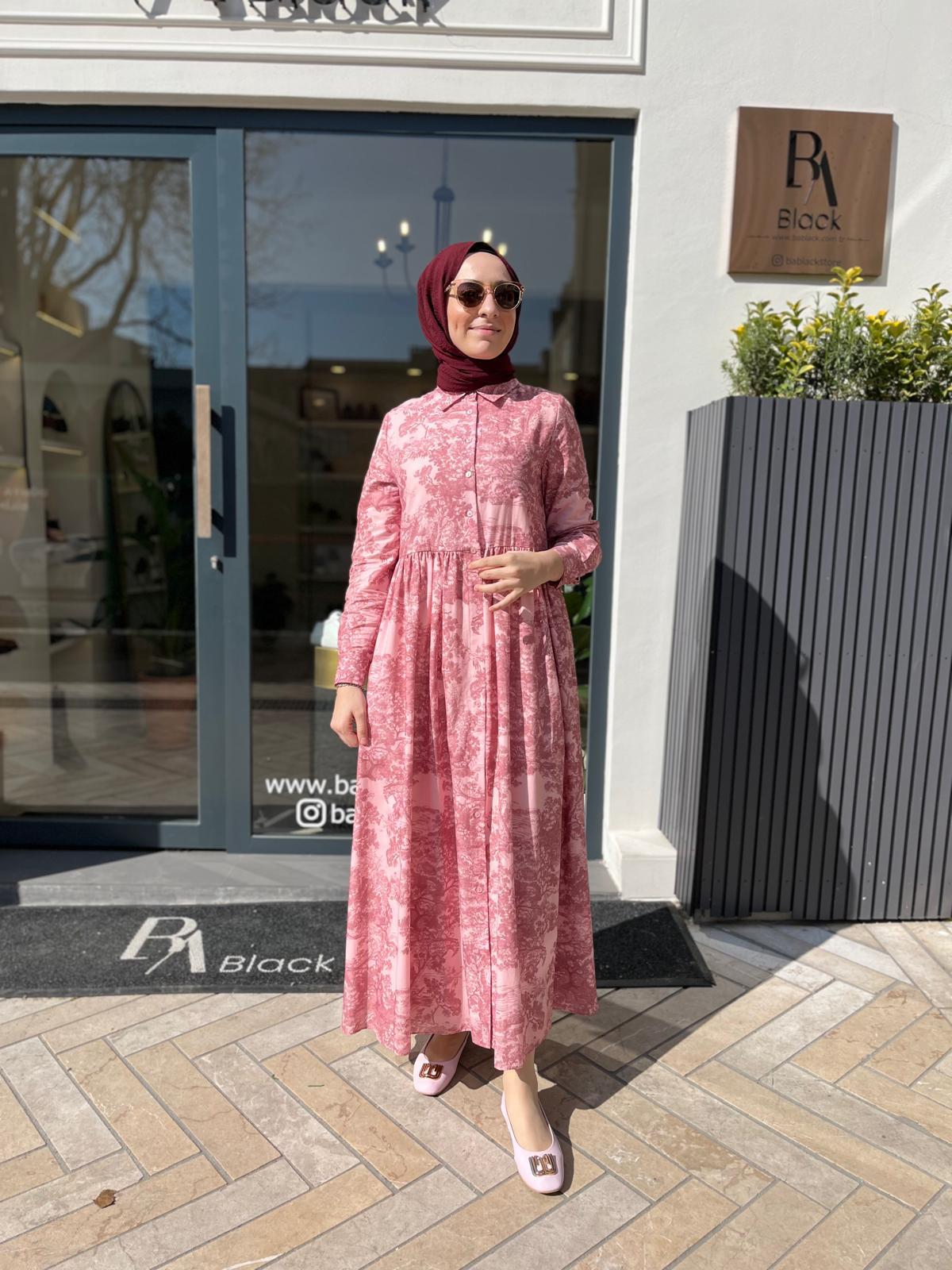 Desenli Vual Kadın Elbise Pembe