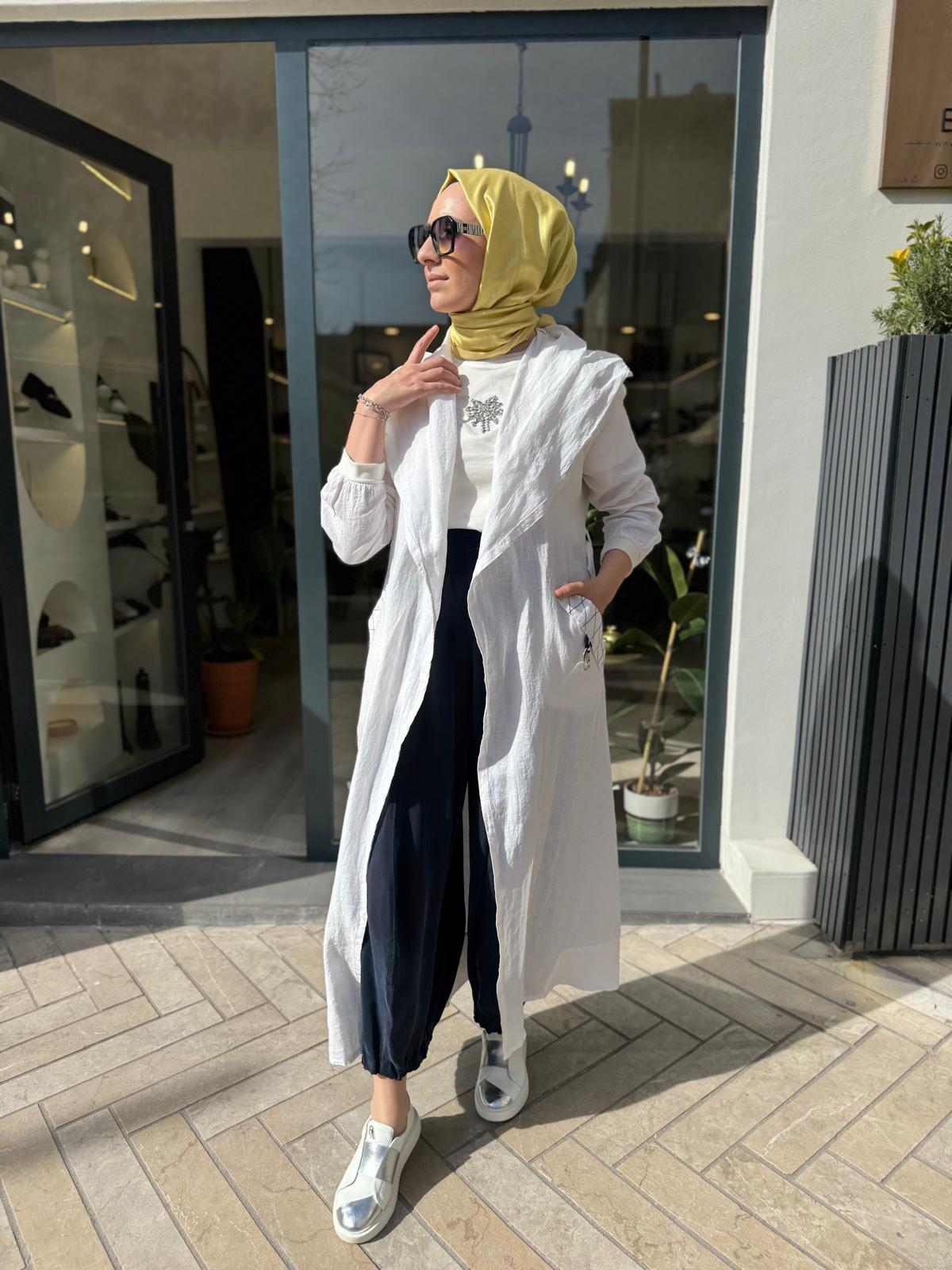Dikiş Detaylı Cepli Keten Kap Beyaz