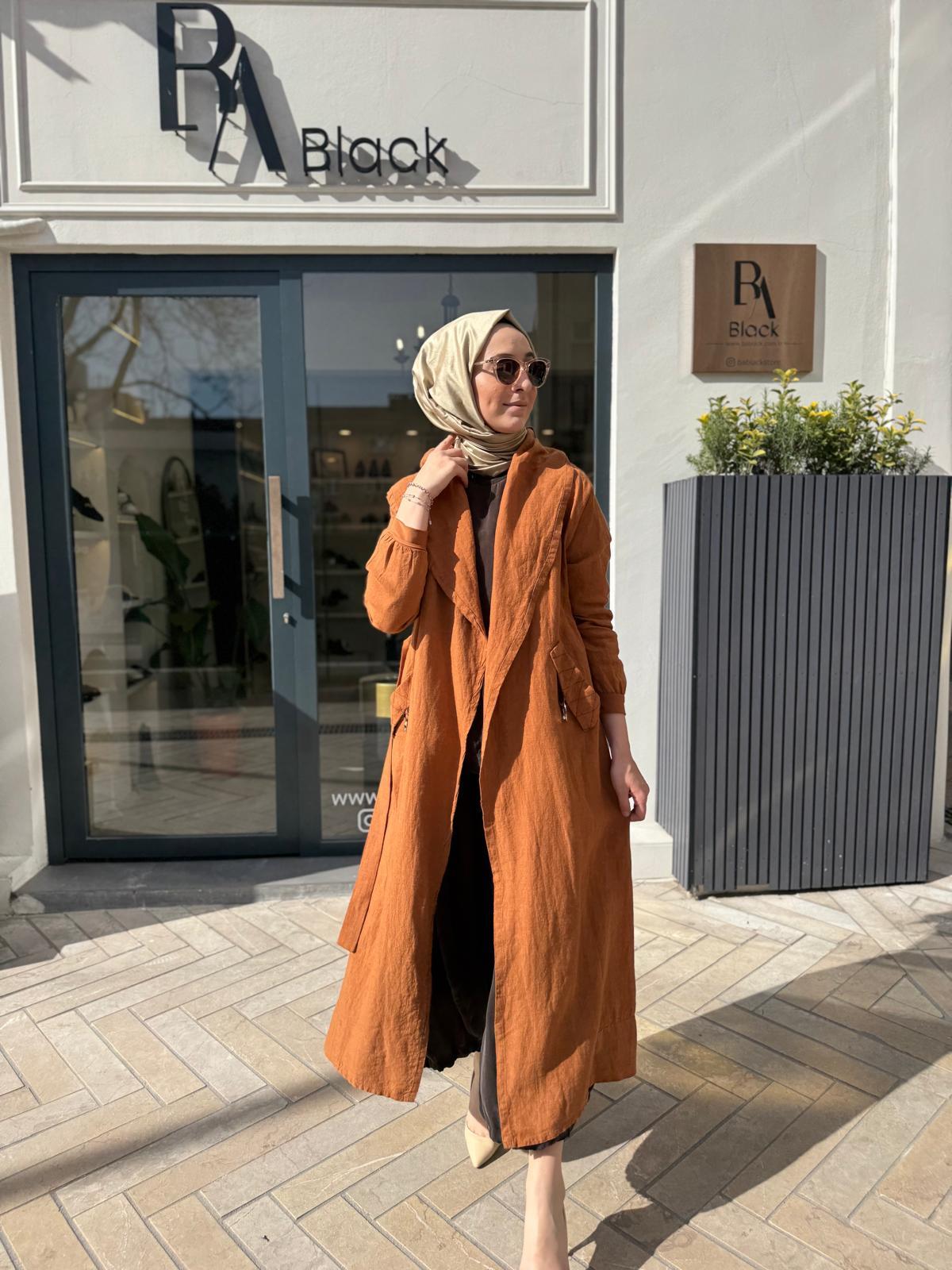 Dikiş Detaylı Cepli Keten Kap Tarçın