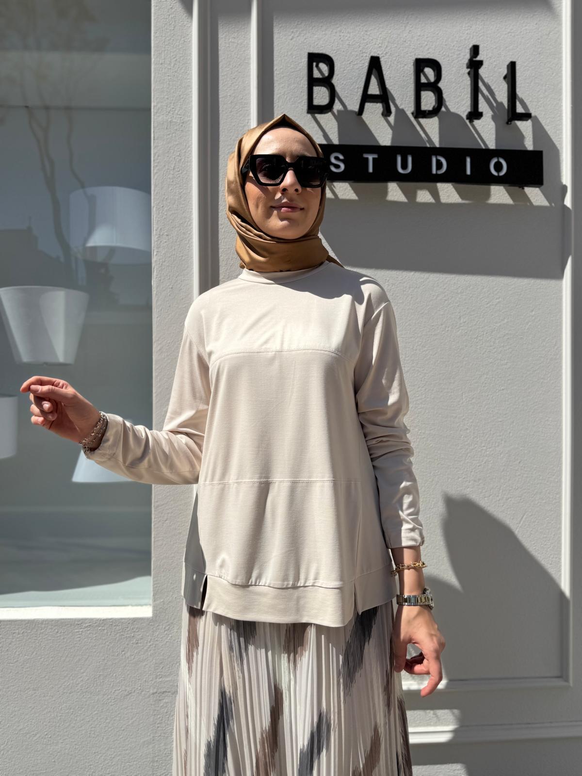 Dikiş Detaylı Kadın Bambu Tunik Ekru