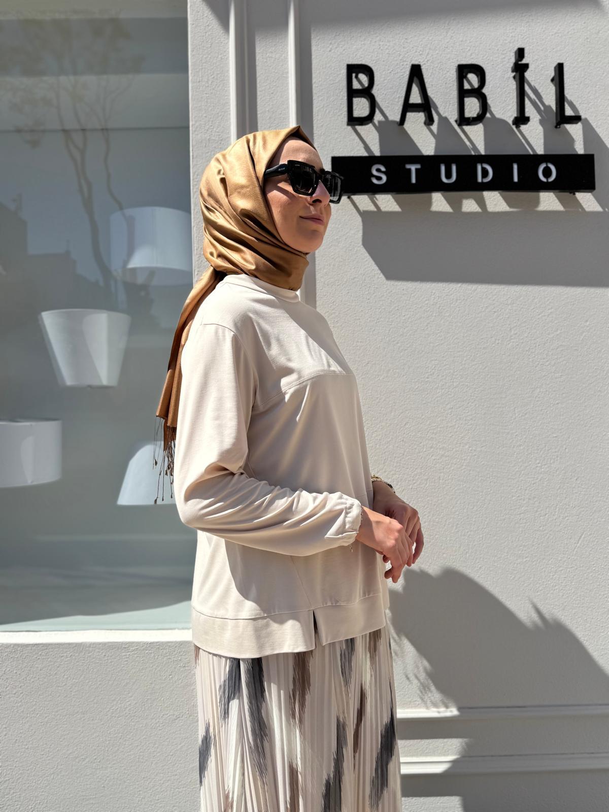 Dikiş Detaylı Kadın Bambu Tunik Ekru