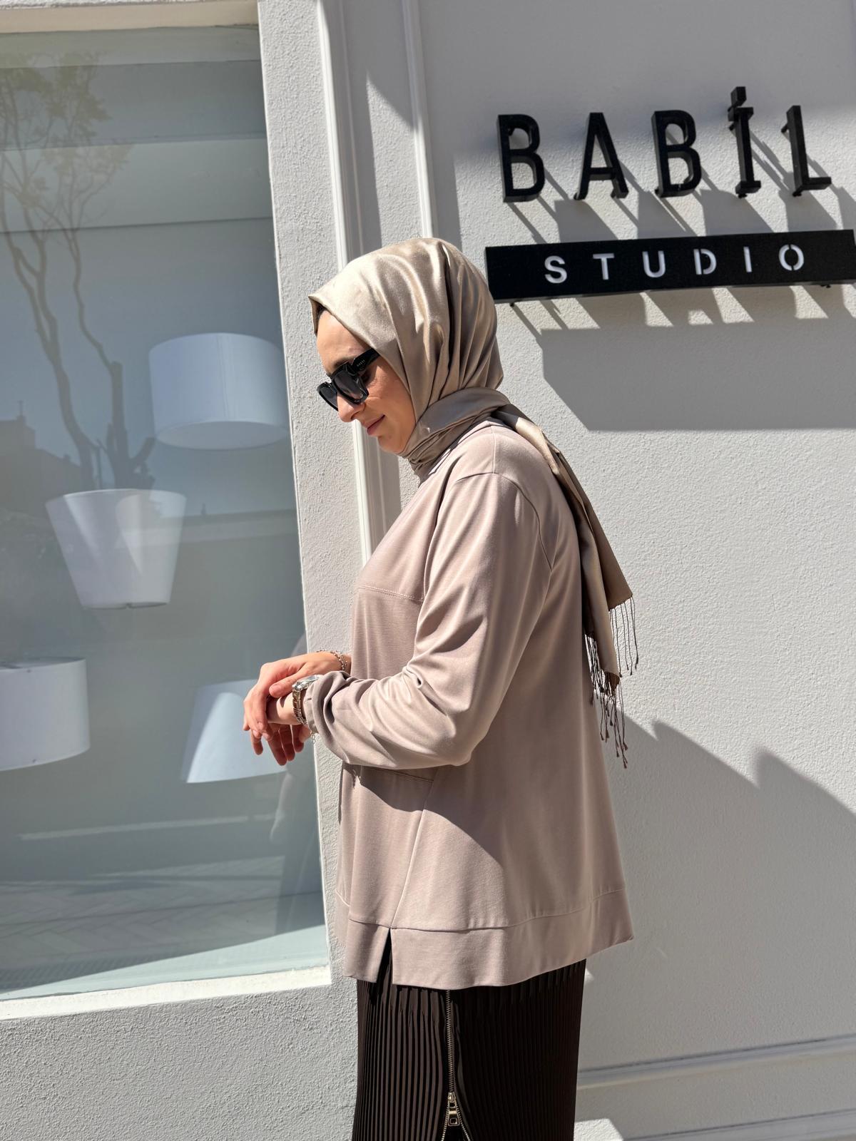 Dikiş Detaylı Kadın Bambu Tunik Vizon