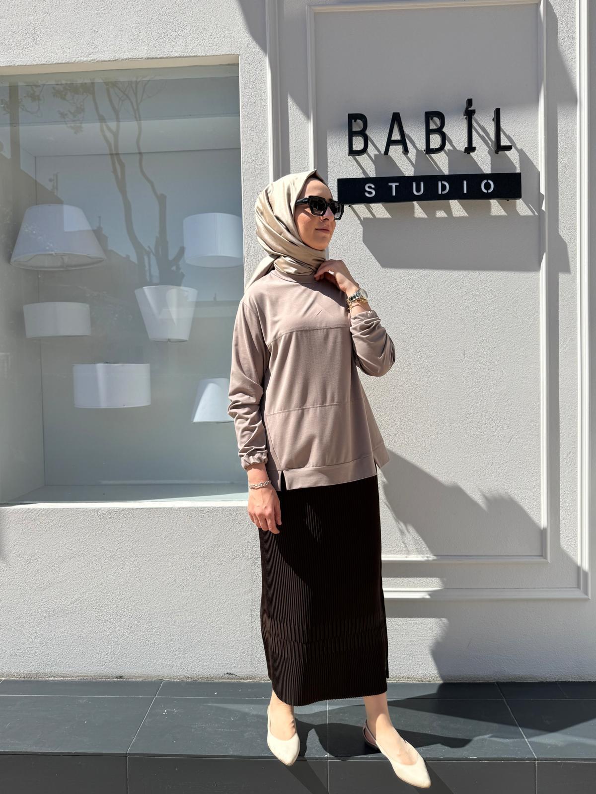 Dikiş Detaylı Kadın Bambu Tunik Vizon