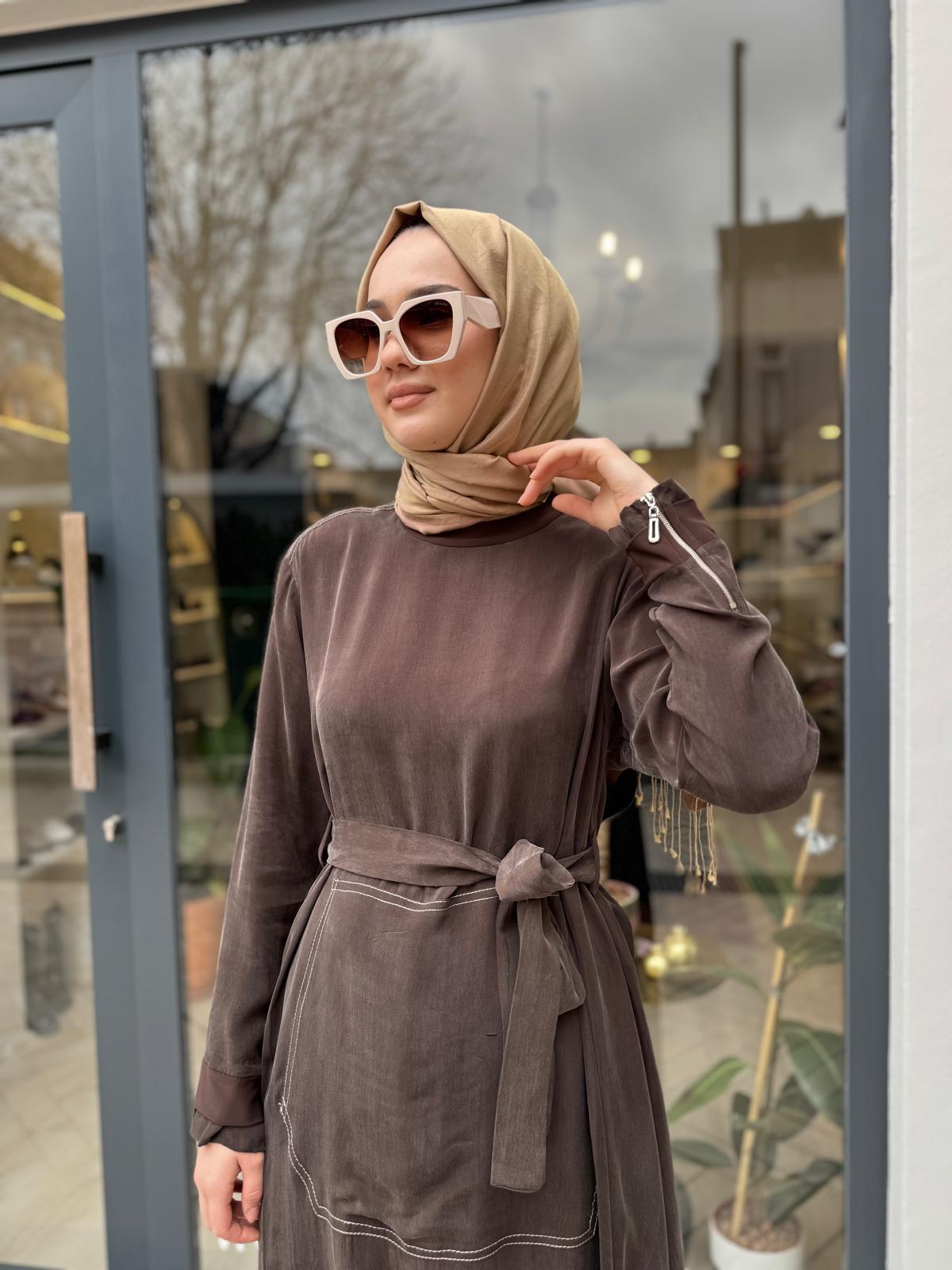 Dikiş Detaylı Kadın Cupro Basic Elbise Kahve