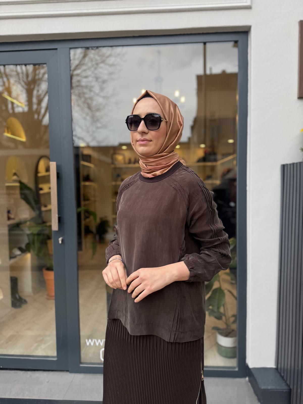 Dikiş Detaylı Kadın Cupro Tunik Kahve