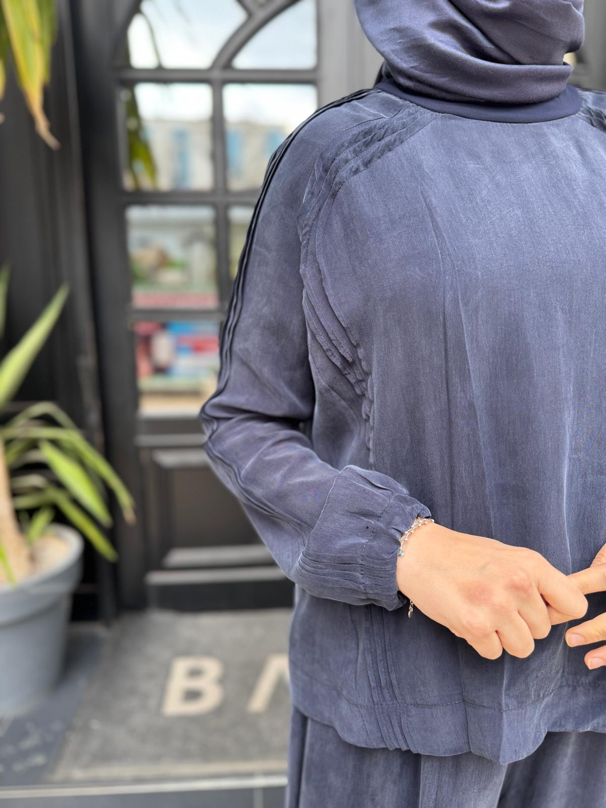 Dikiş Detaylı Kadın Cupro Tunik Lacivert